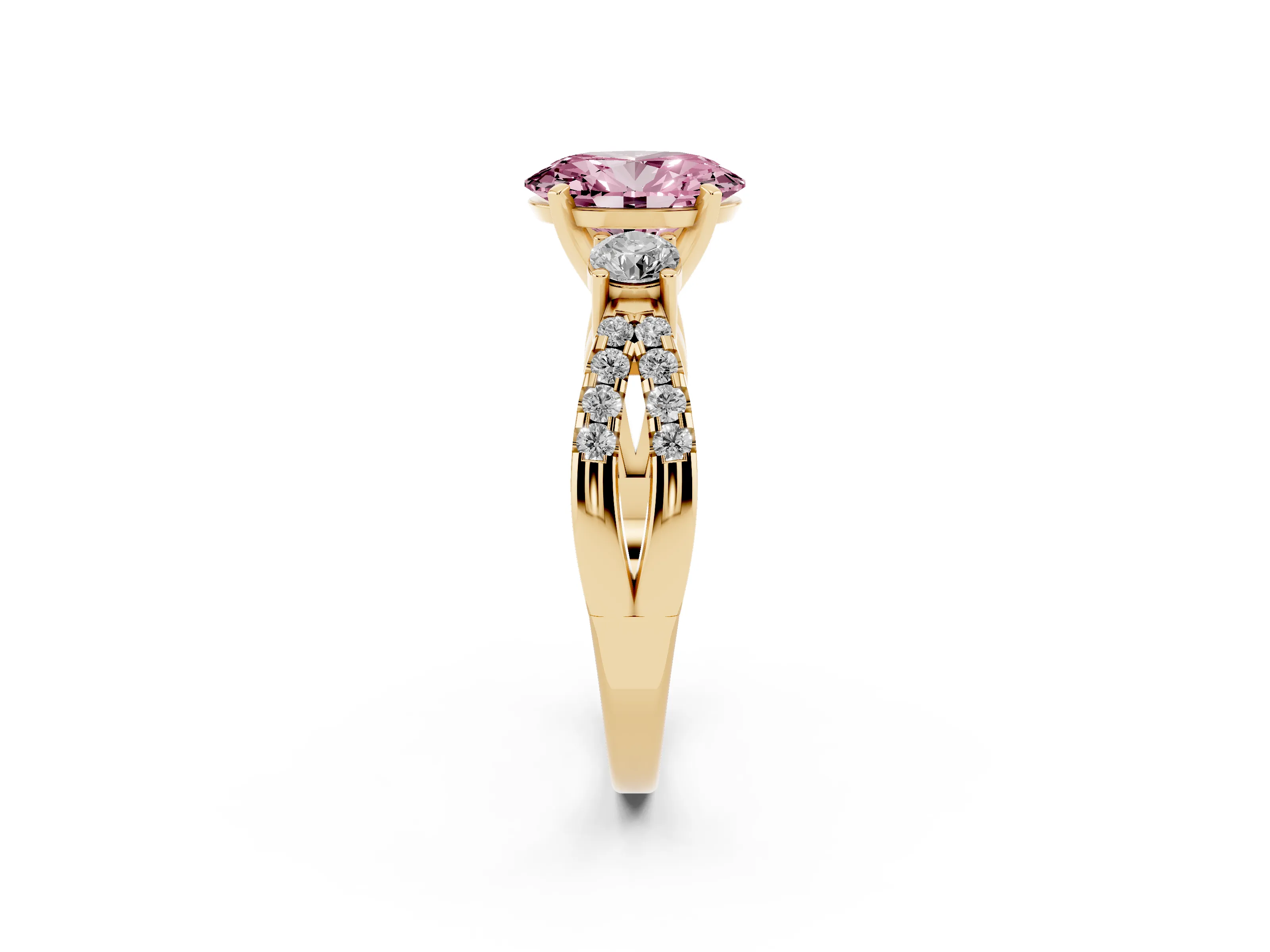 Fancy Pink Oval Cut Diamond Three-Stone Ring Set in Yellow gold with Pavé Split Shank and Prong Setting
