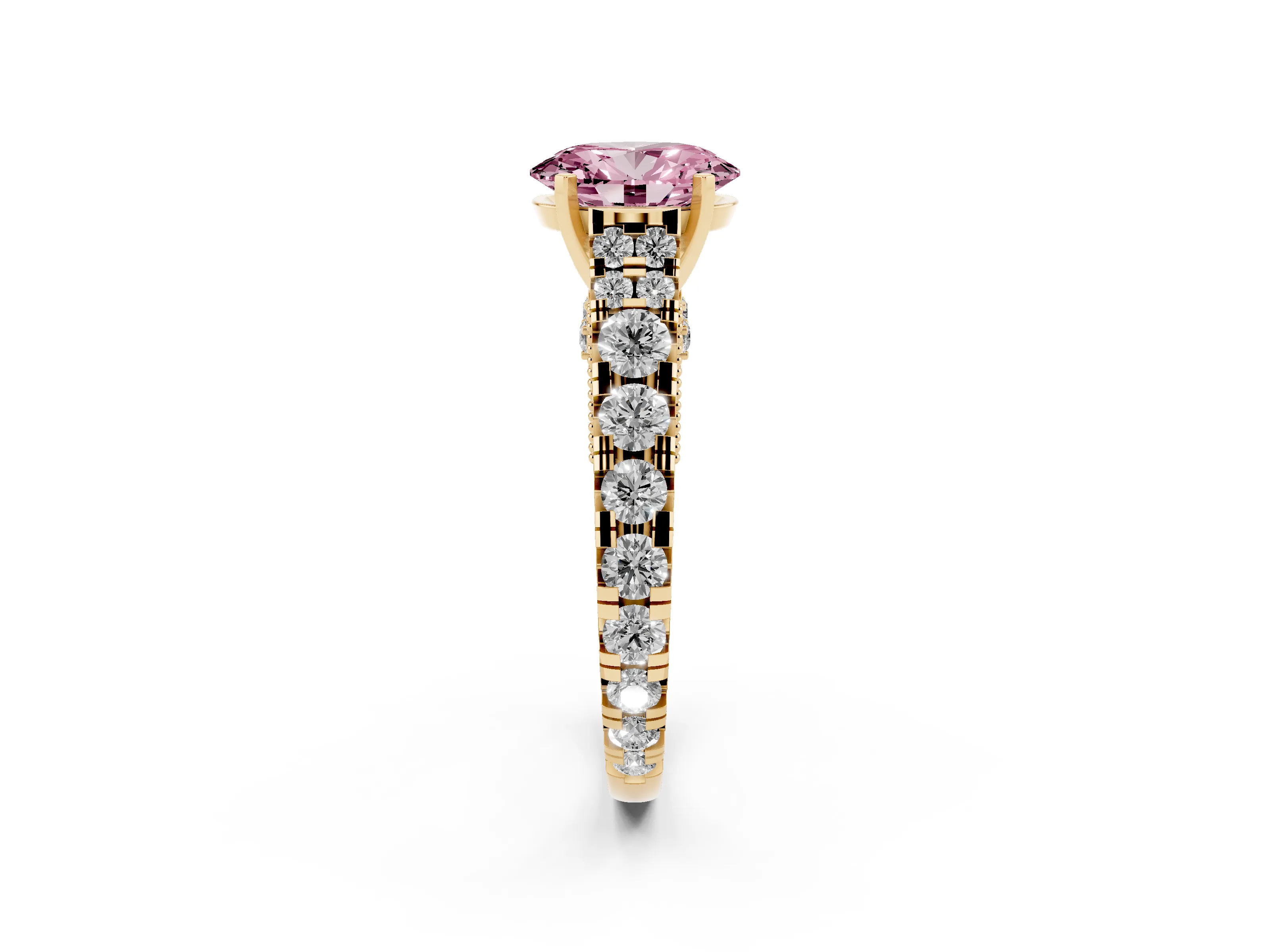 Fancy Pink Oval Cut Diamond Classic Solitaire Ring Set in Yellow gold with Pavé Band and Prong Setting