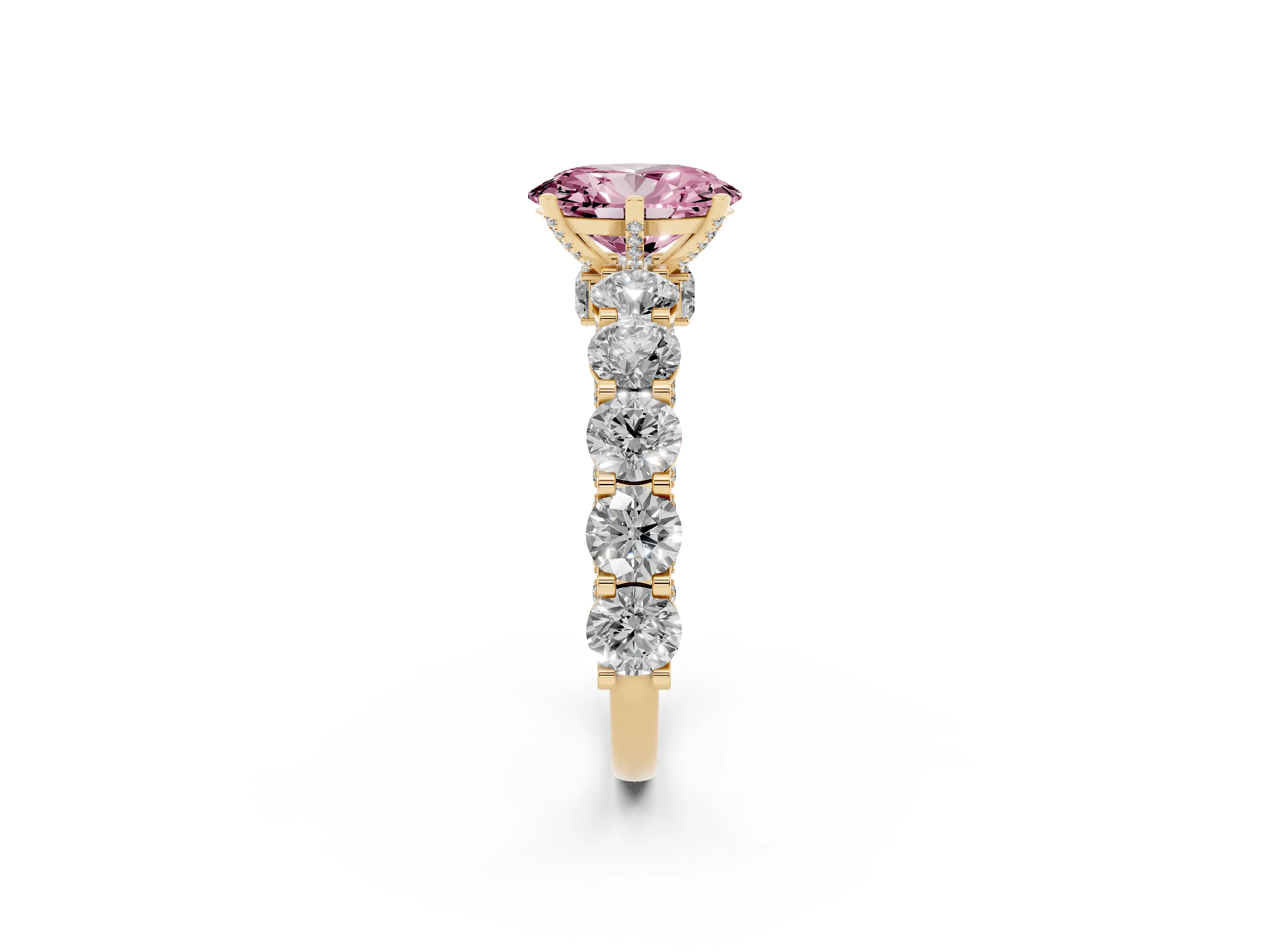 Fancy Pink Oval Cut Diamond Side Stone Ring Set in Yellow gold with Alternating Round and Oval Side Stones