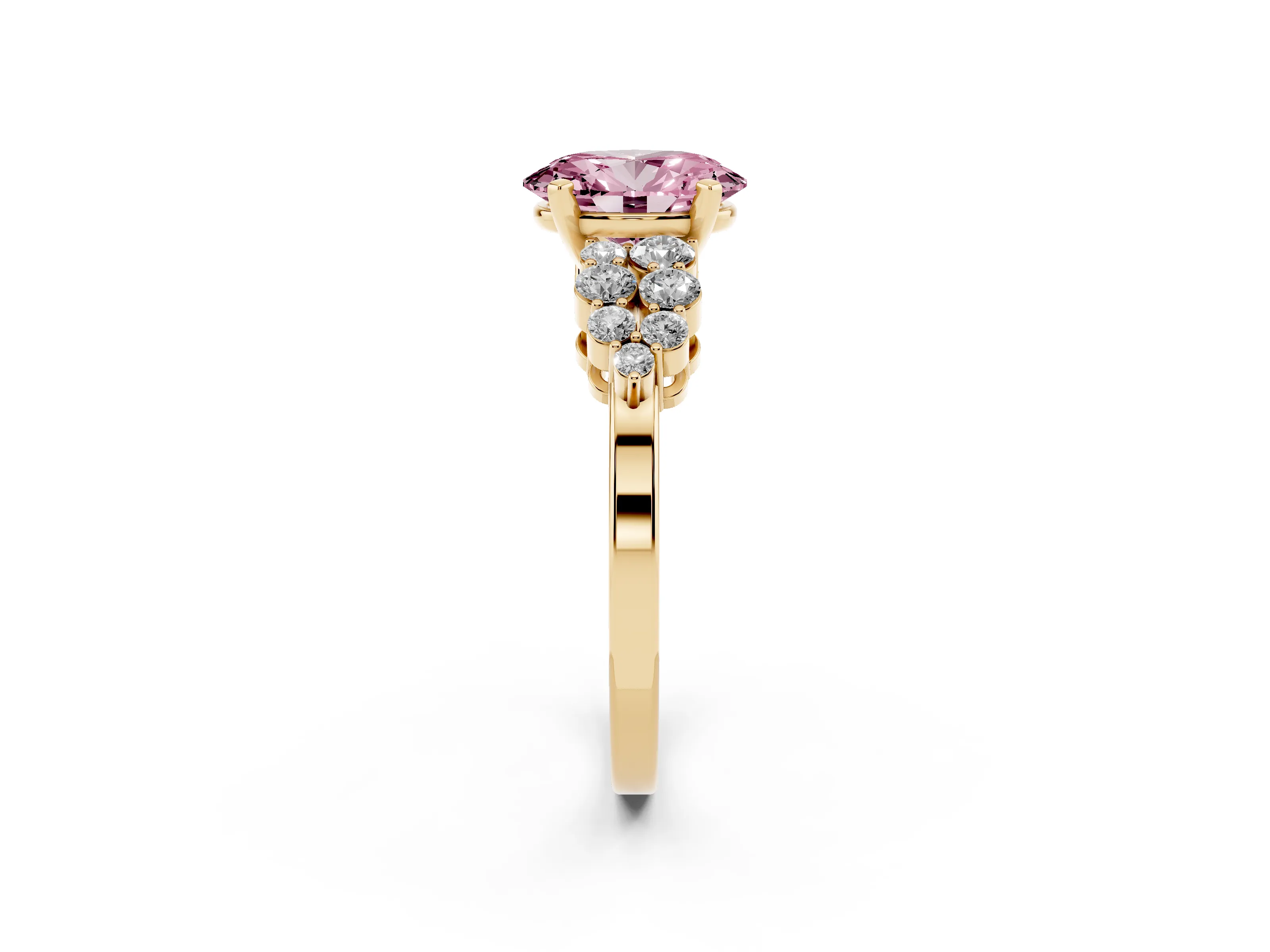 Fancy Pink Oval Cut Diamond Cluster Engagement Ring Set in Yellow gold with Pavé Band and Prong Setting