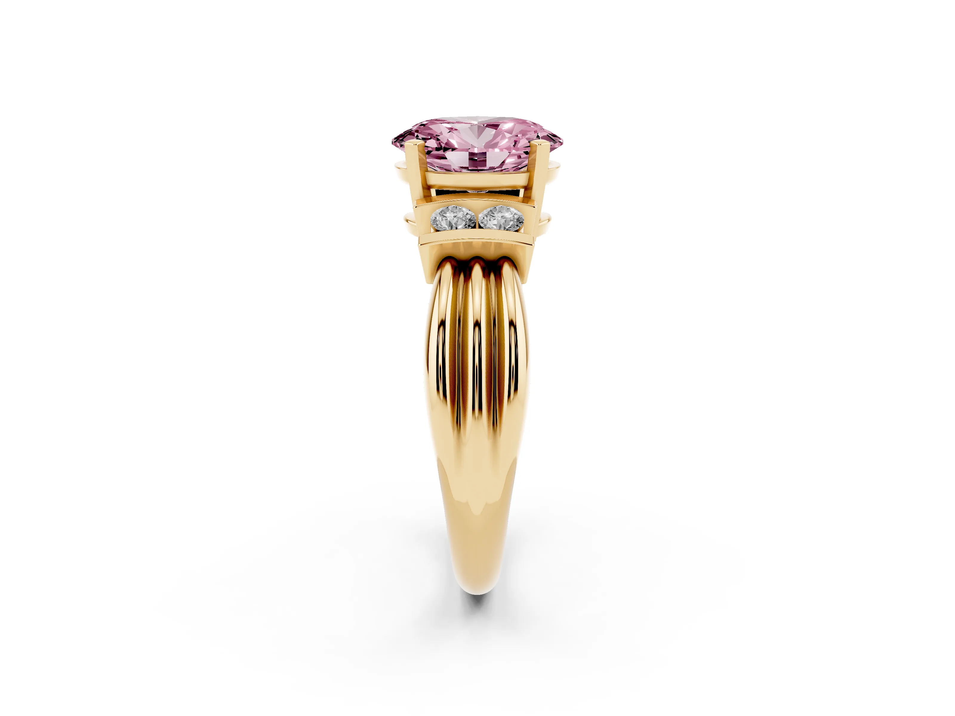 Fancy Pink Three-Stone Oval Cut Diamond Channel Set Ring Set in Yellow gold with Bar Prongs