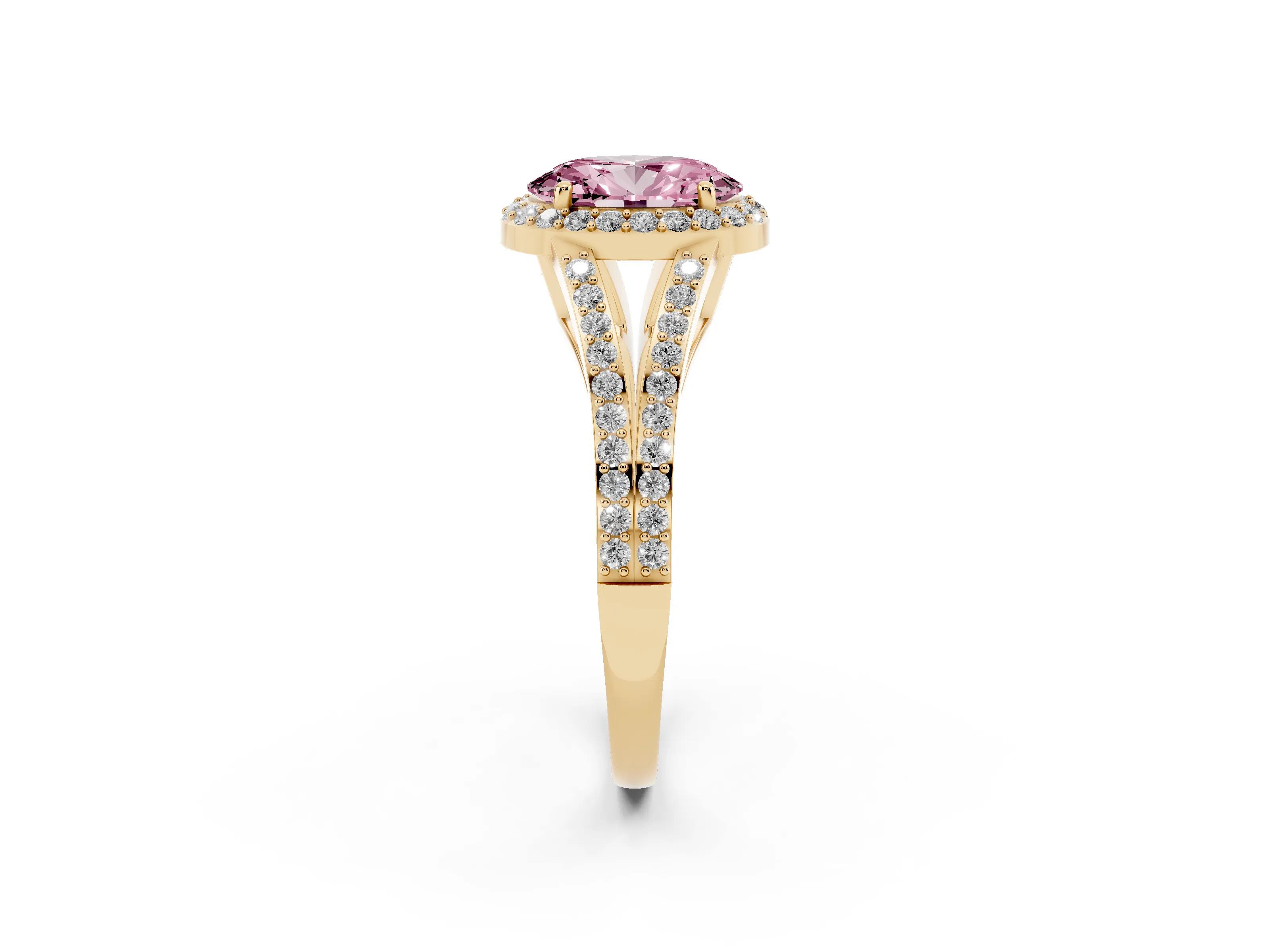 Fancy Pink Oval Cut Diamond Halo Split Shank Ring Set in Yellow gold with Accent Stones and Prong Setting