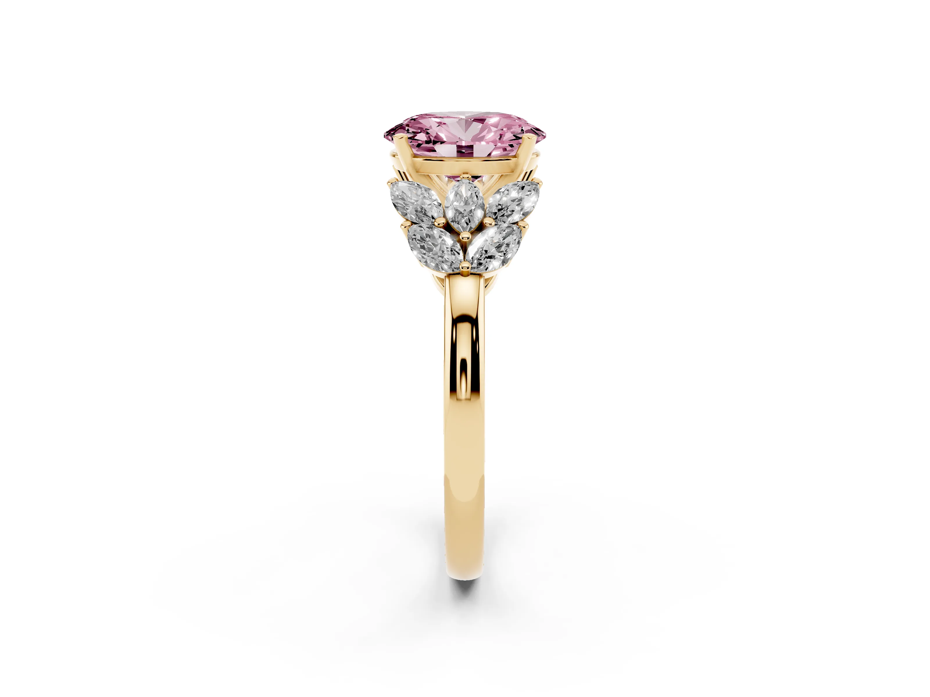 Fancy Pink Oval Cut Diamond Cluster Leaf Design Ring Set in Yellow gold with Prong Setting