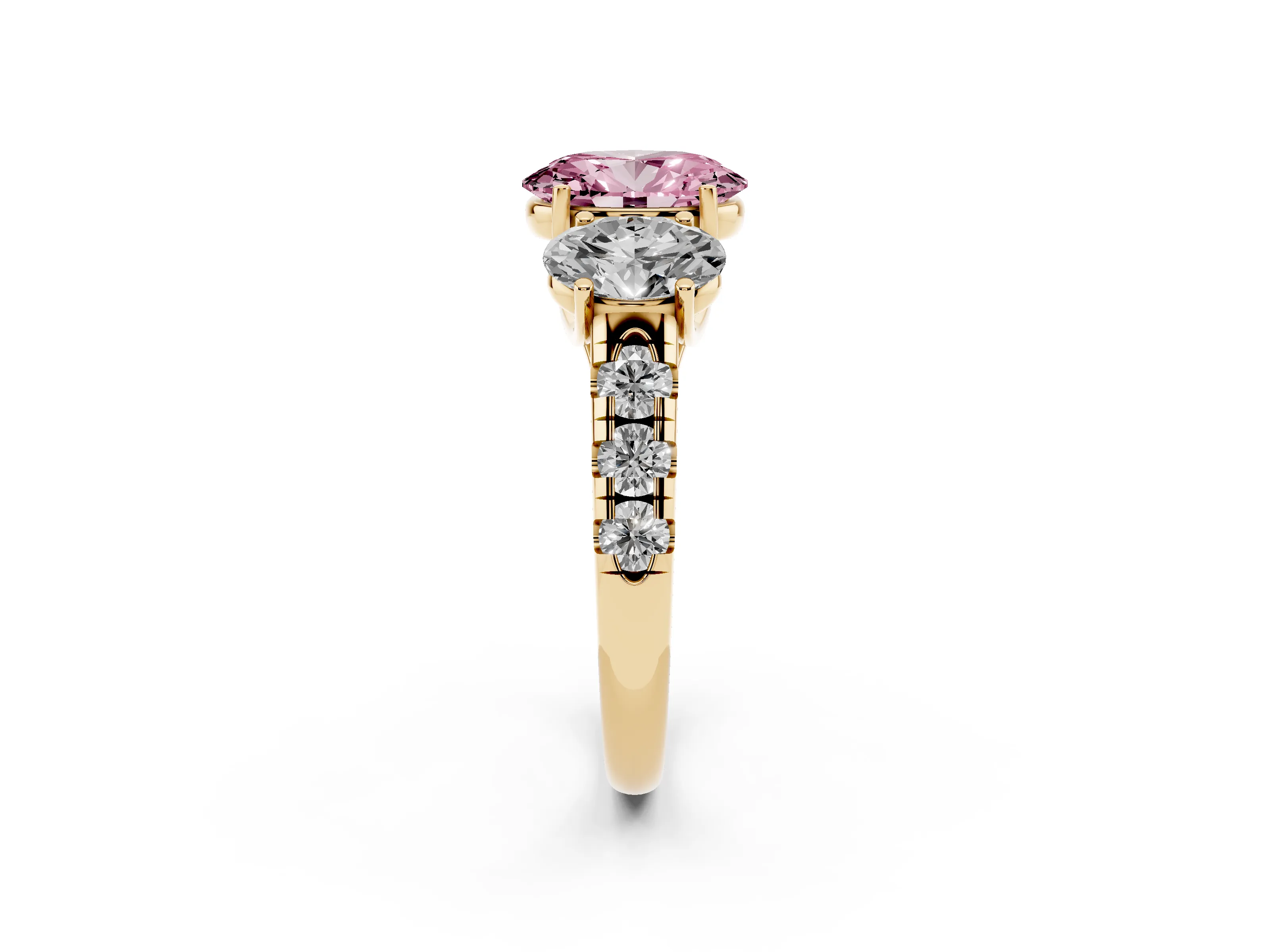 Fancy Pink Oval Cut Diamond Three-Stone Ring Set in Yellow gold with Pavé Band