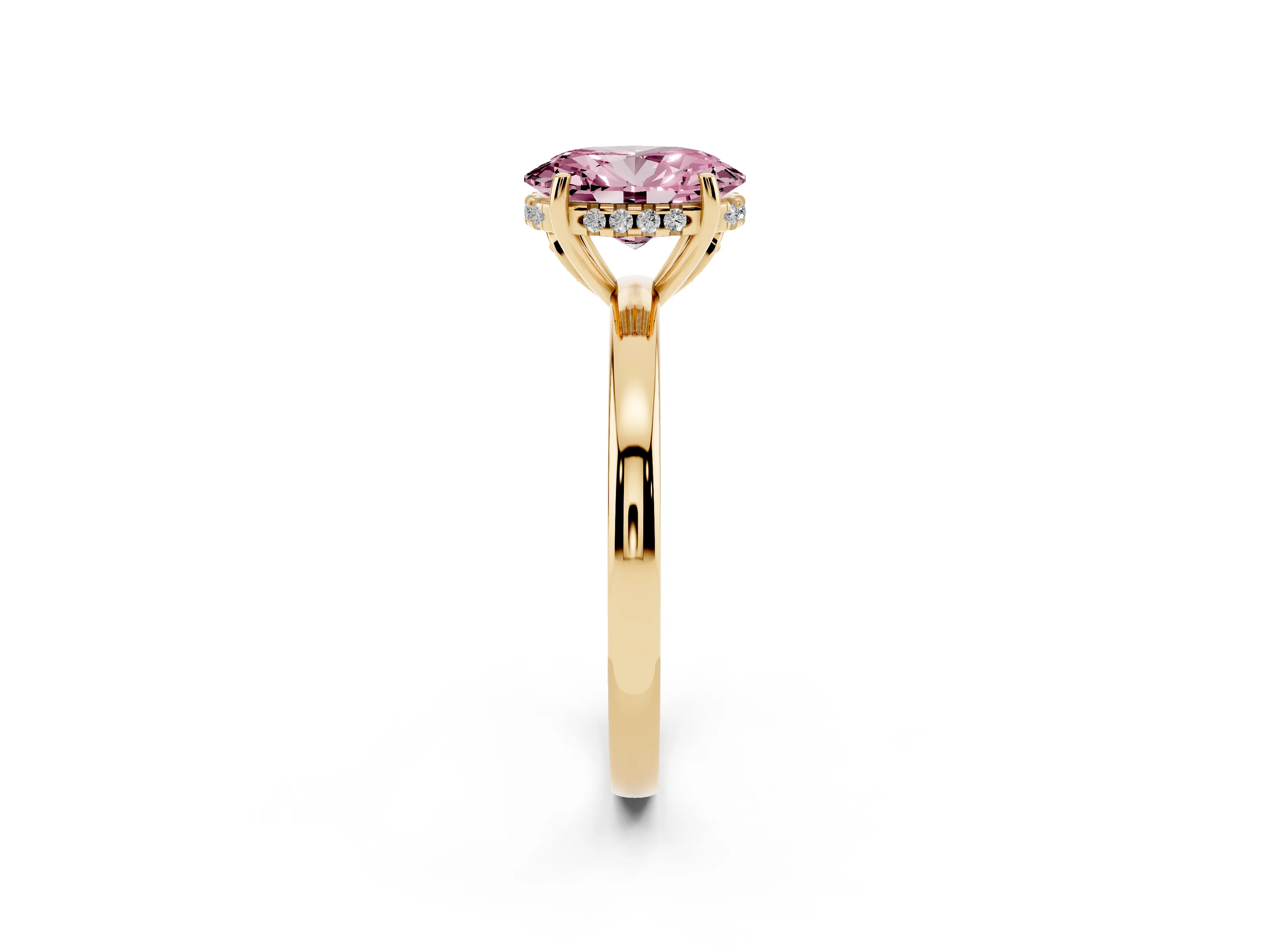 Fancy Pink Oval Cut Diamond Solitaire Ring Set in Yellow gold with Plain Band and Prong Setting