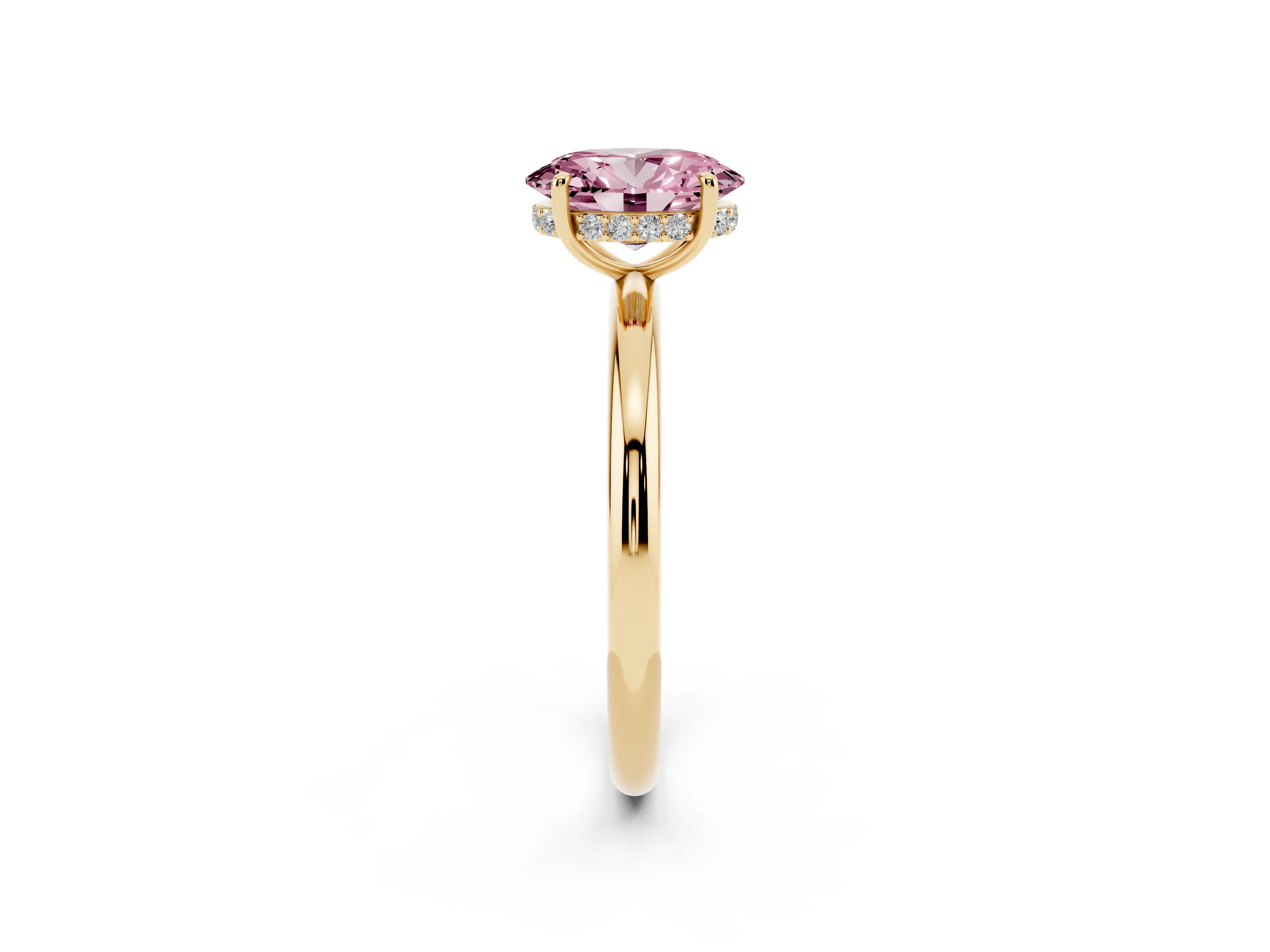 Fancy Pink Oval Cut Diamond Solitaire Ring Set in Yellow gold with Thin Band and Prong Setting