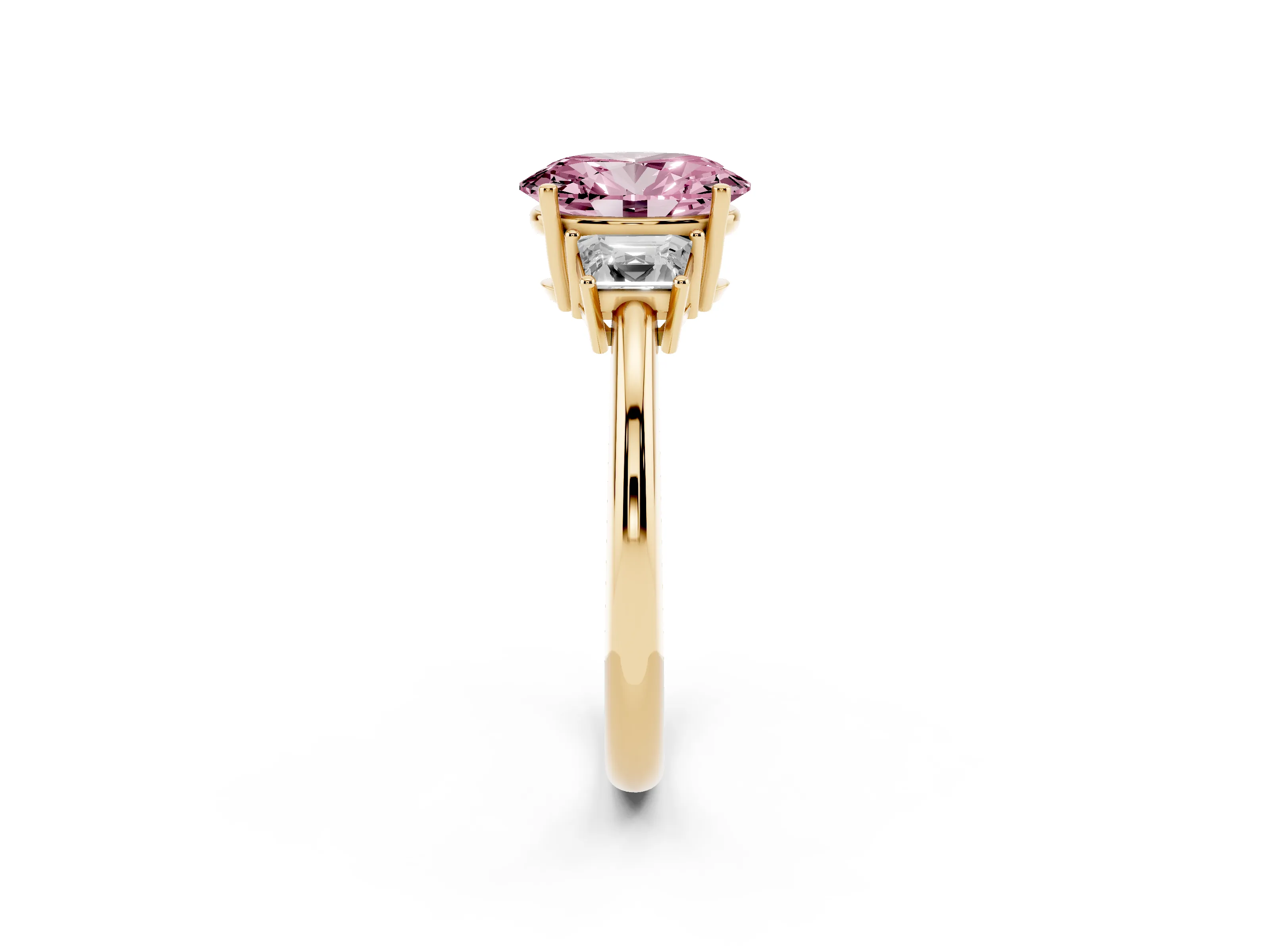 Fancy Pink Oval Cut Diamond Three-Stone Ring Set in Yellow gold with Trapezoid Side Stones and Prong Setting