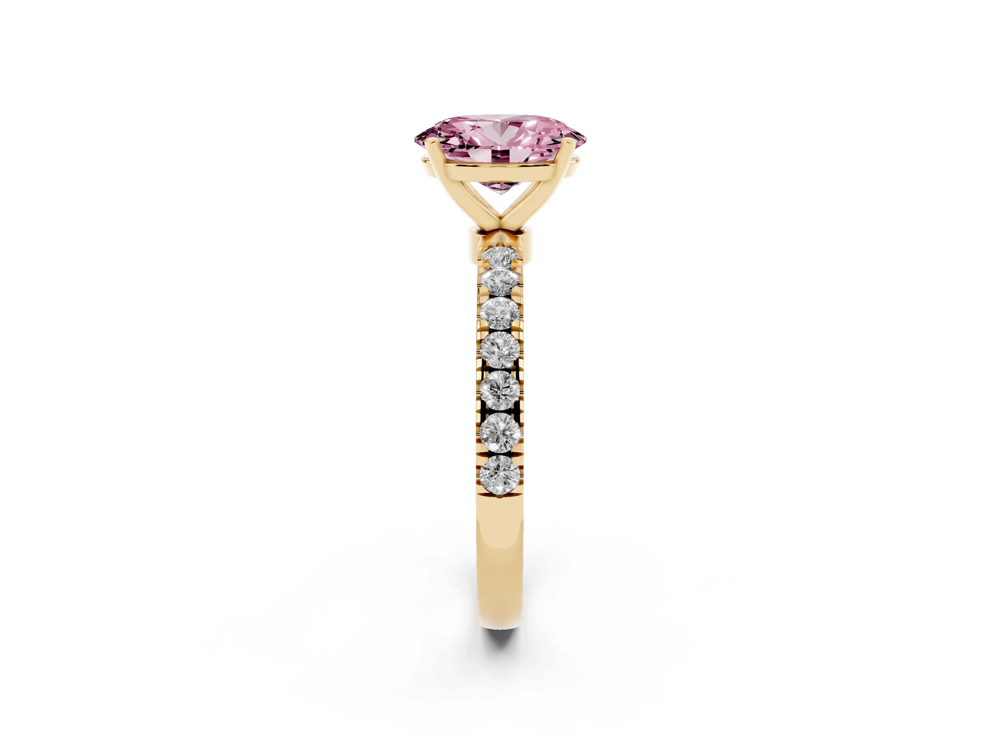 Fancy Pink Oval Cut Diamond Solitaire Ring Set in Yellow gold with Pavé Accents and Prong Setting