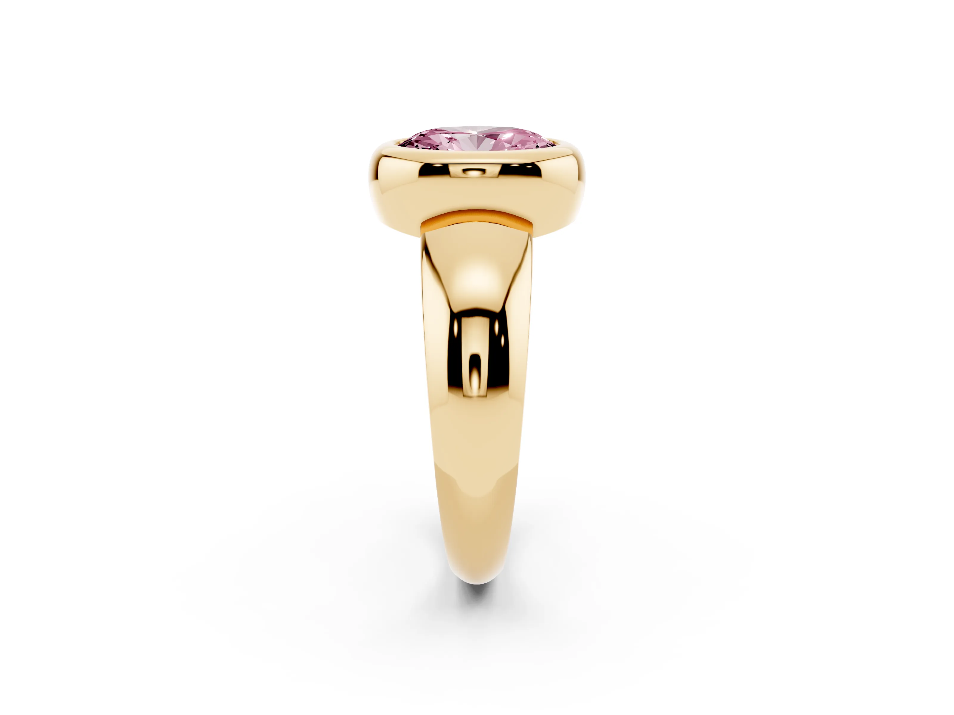 Fancy Pink Bezel Set Oval Cut Diamond Solitaire Ring Set in Yellow gold with Wide Band