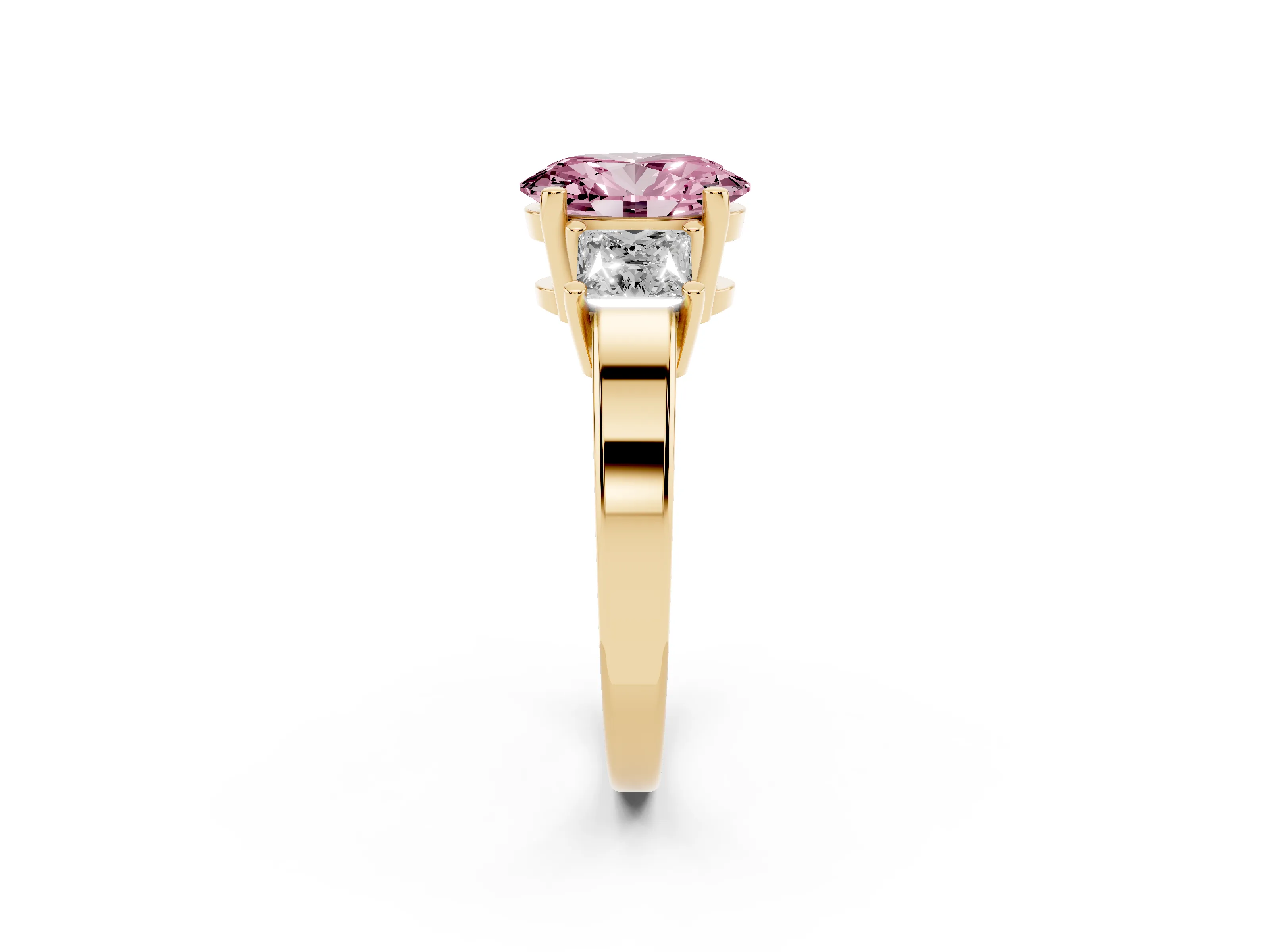 Fancy Pink Three-Stone Oval Cut Diamond Solitaire Ring Set in Yellow gold with Prong Setting