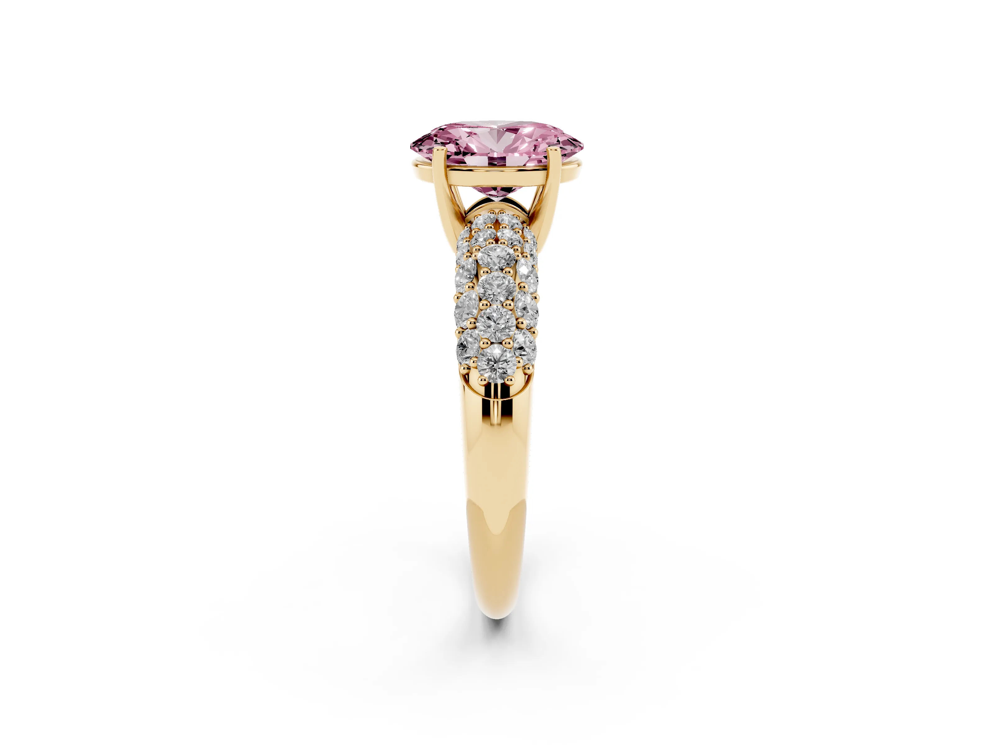 Fancy Pink Oval Cut Diamond Pavé Band Solitaire Ring Set in Yellow gold with Close-Set Accent Stones and Prong Setting