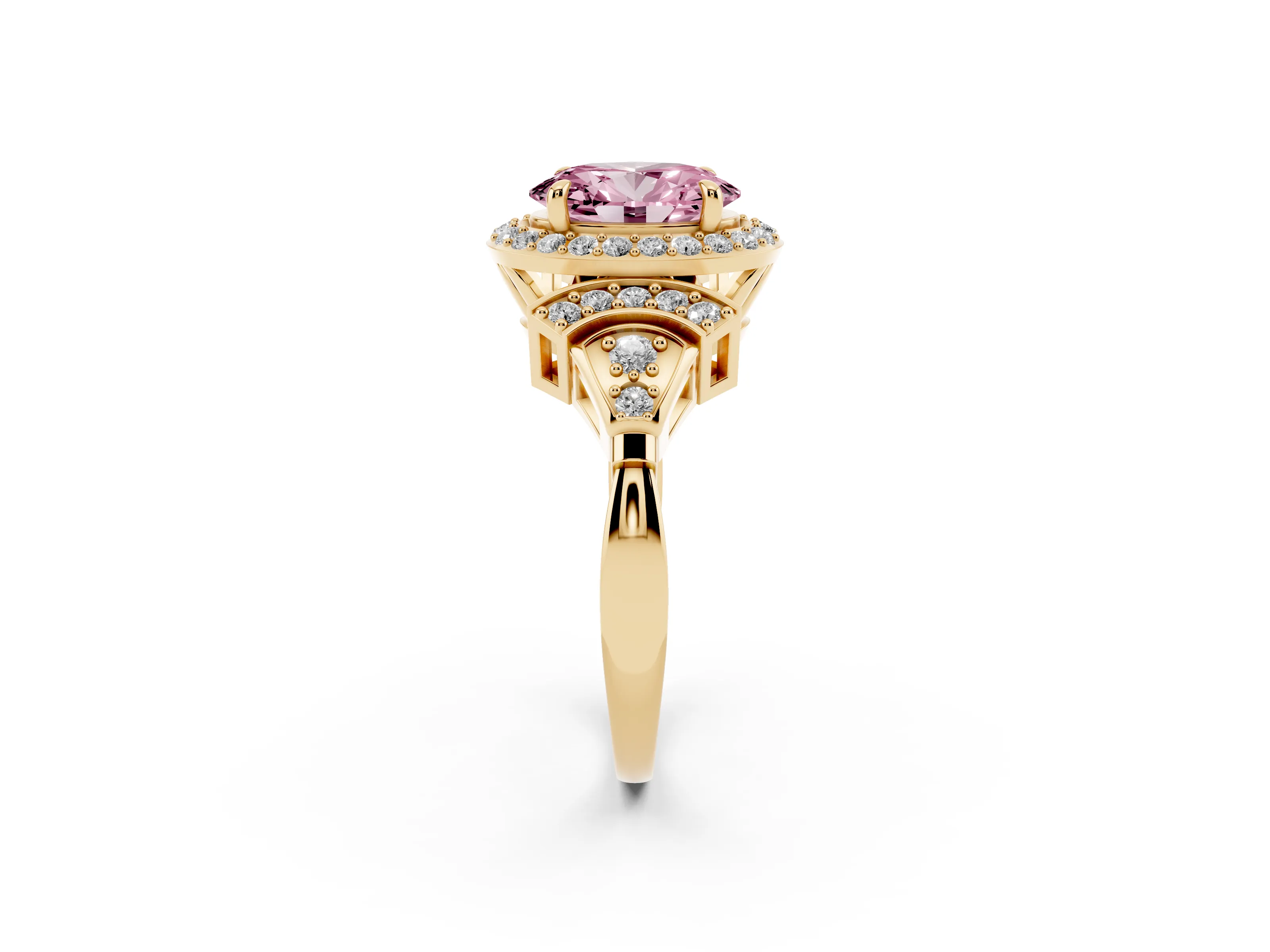 Fancy Pink Oval Cut Diamond Halo Engagement Ring Set in Yellow gold with Accent Stone Split Shank