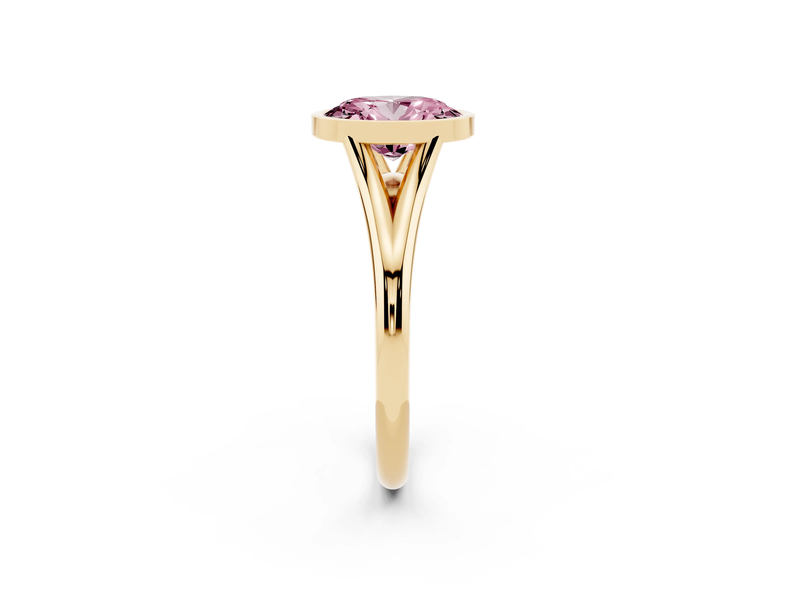Fancy Pink Bezel Set Oval Cut Diamond Solitaire Ring Set in Yellow gold with Tapered Band