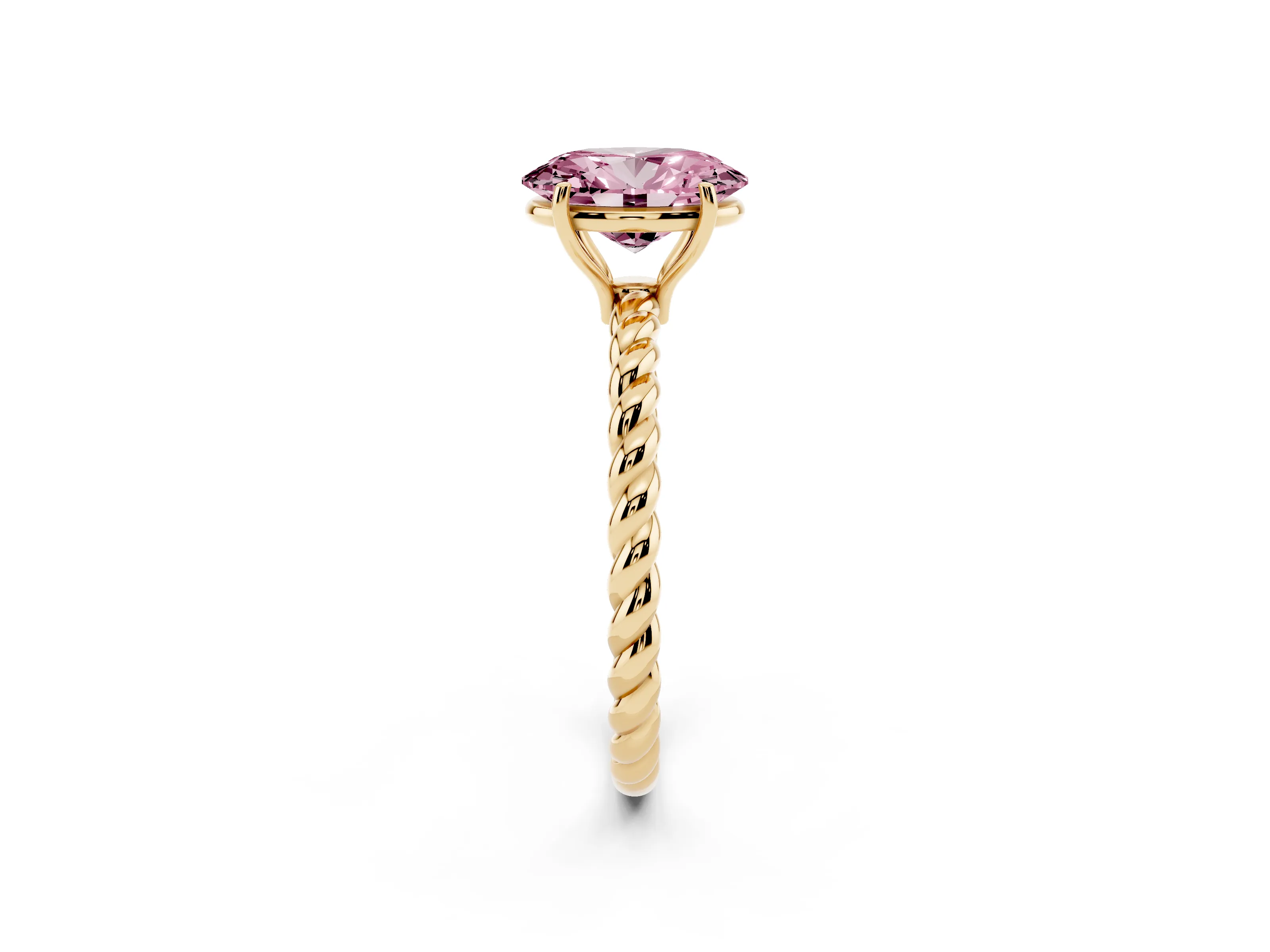 Fancy Pink Oval Cut Diamond Solitaire Ring Set in Yellow gold with Twist Band and Prong Setting