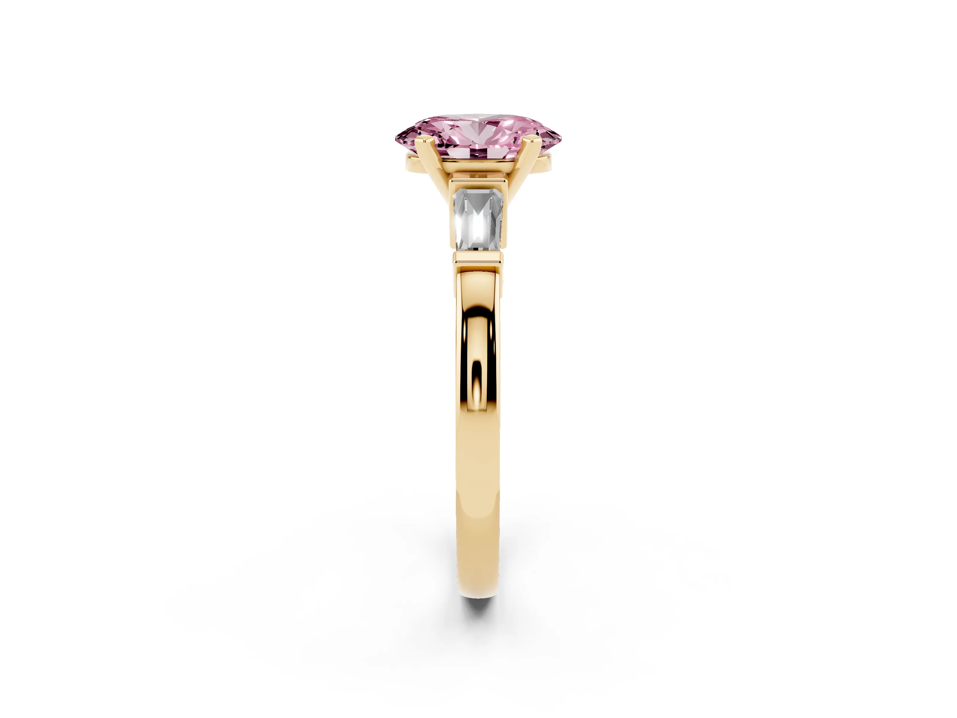 Fancy Pink Oval Cut Diamond Solitaire Ring Set in Yellow gold with Tapered Baguette Accents and Prong Setting