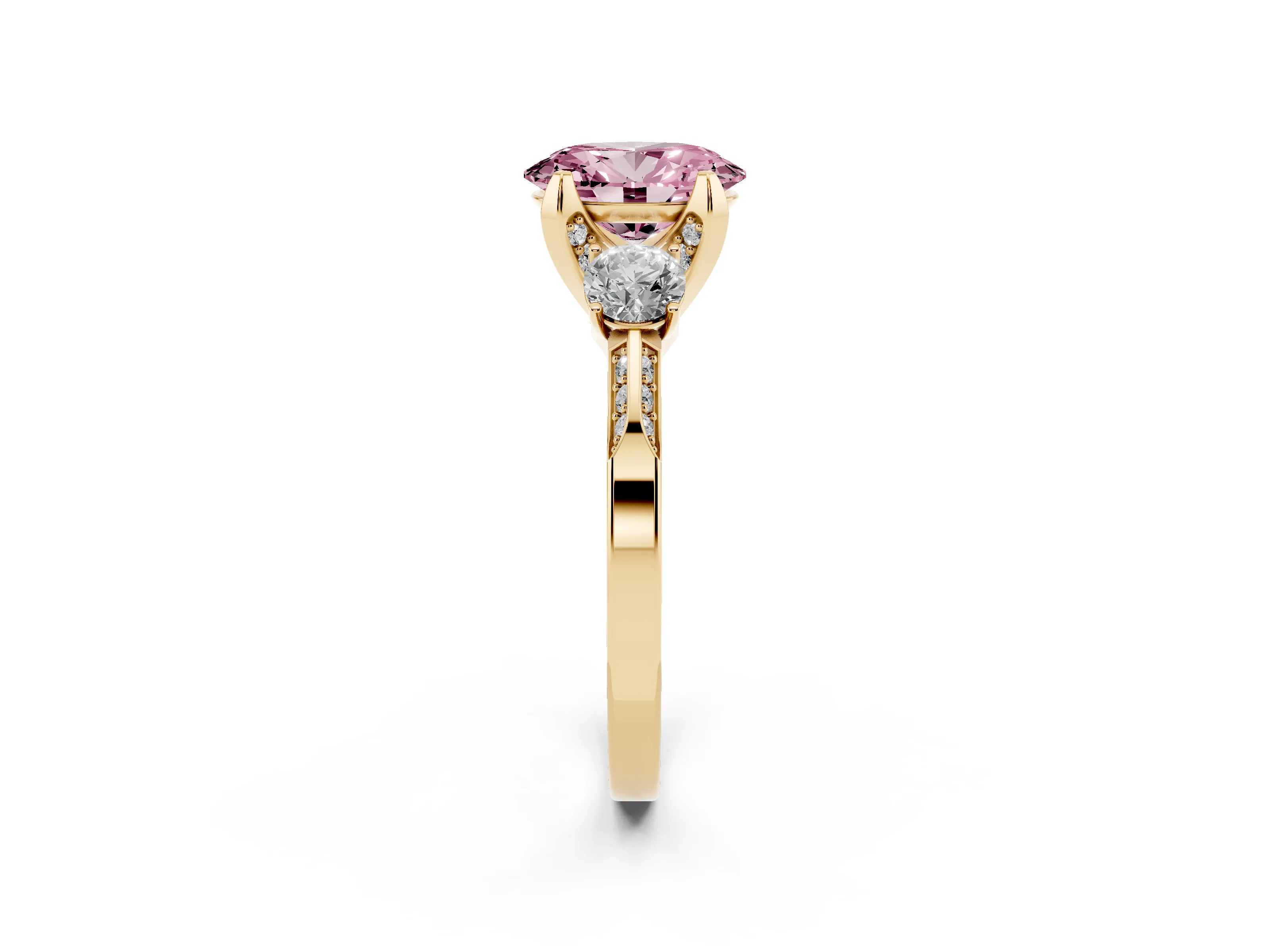 Fancy Pink Oval Cut Diamond Three-Stone Ring Set in Yellow gold with Pavé Band and Smaller Side Stones