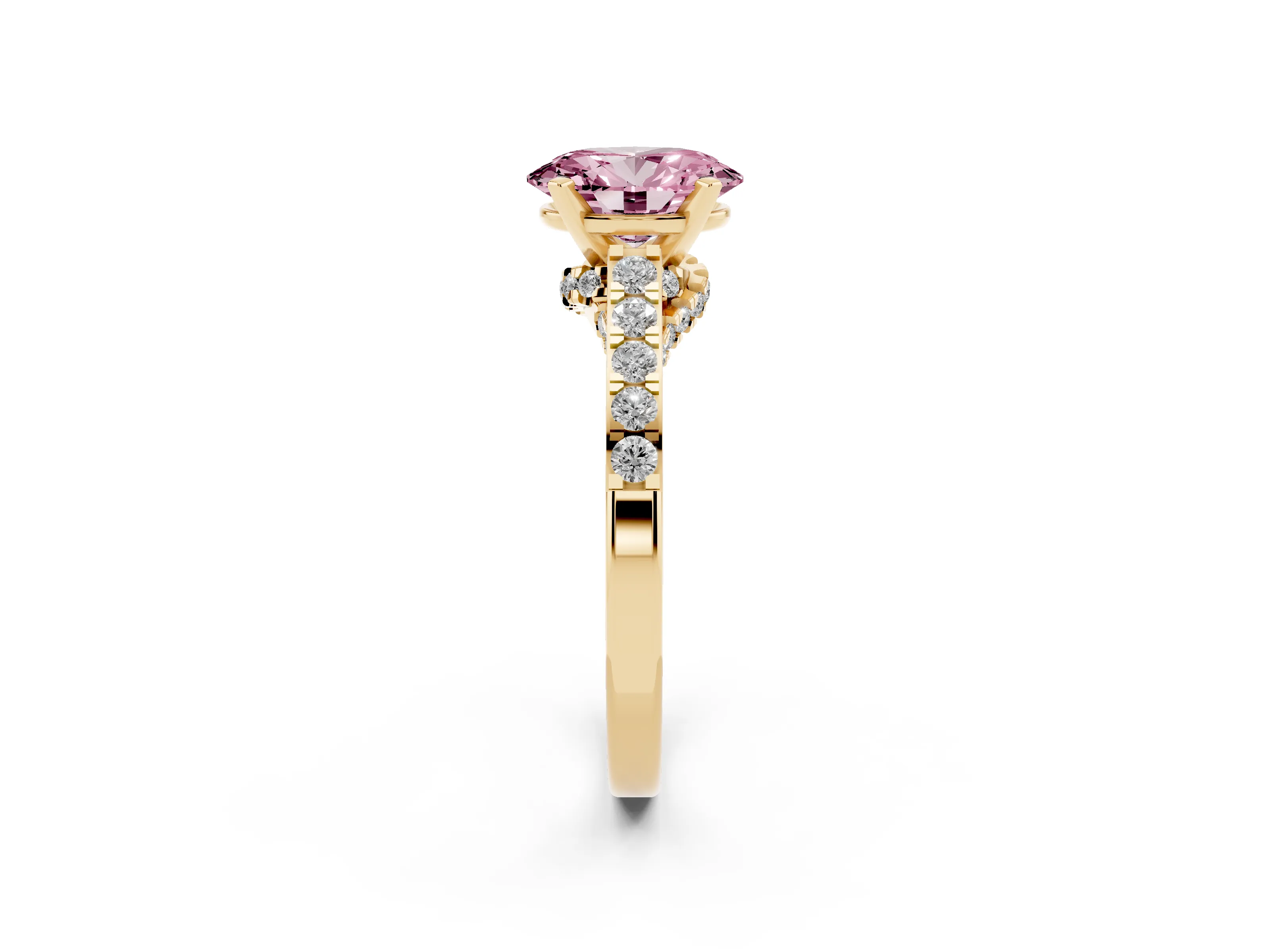 Fancy Pink Oval Cut Diamond Solitaire Ring Set in Yellow gold with Crossover Gallery and Round Pavé Band