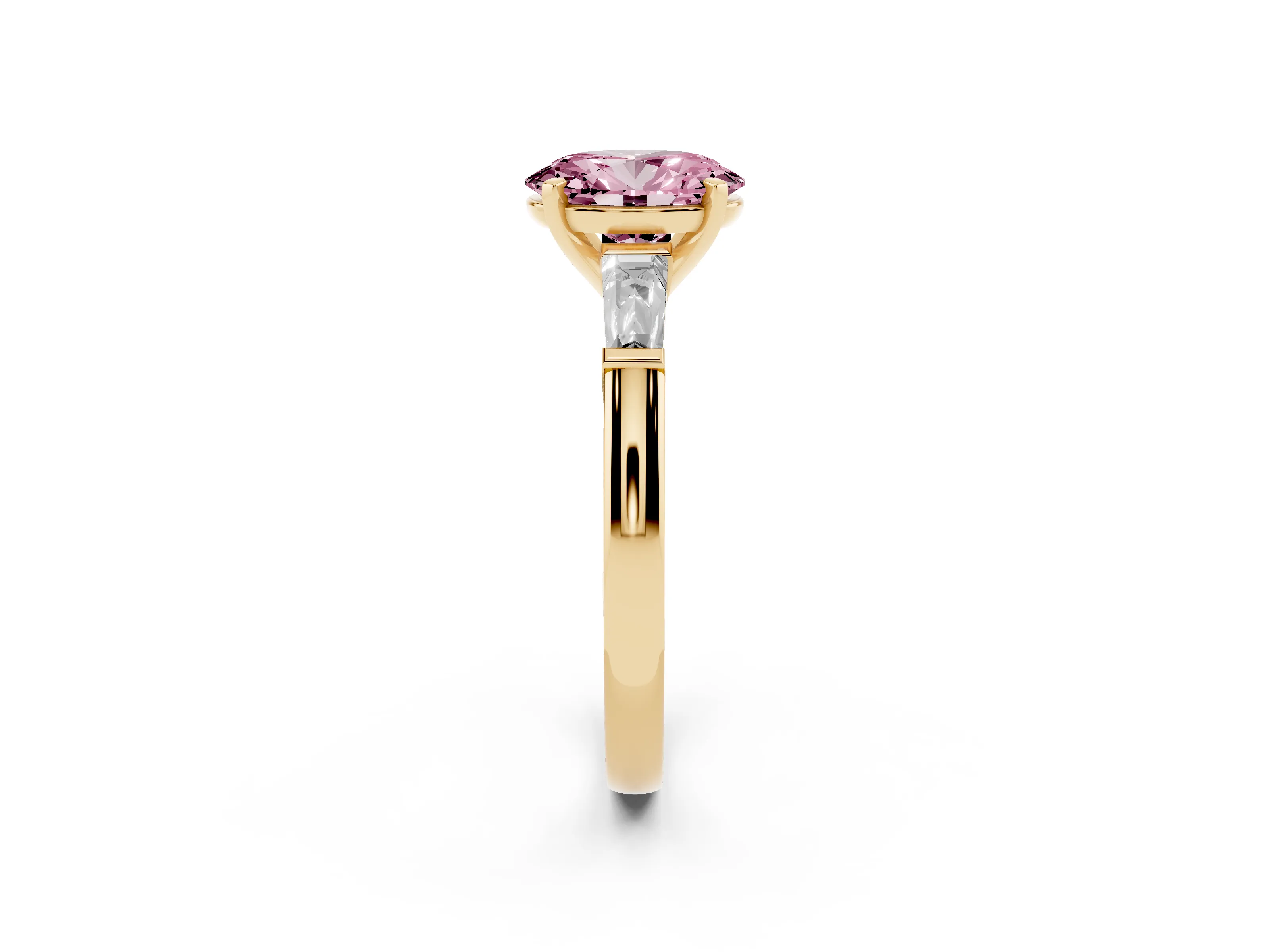 Fancy Pink Oval Cut Diamond Solitaire Ring Set in Yellow gold with Tapered Baguette Side Stones and Prong Setting
