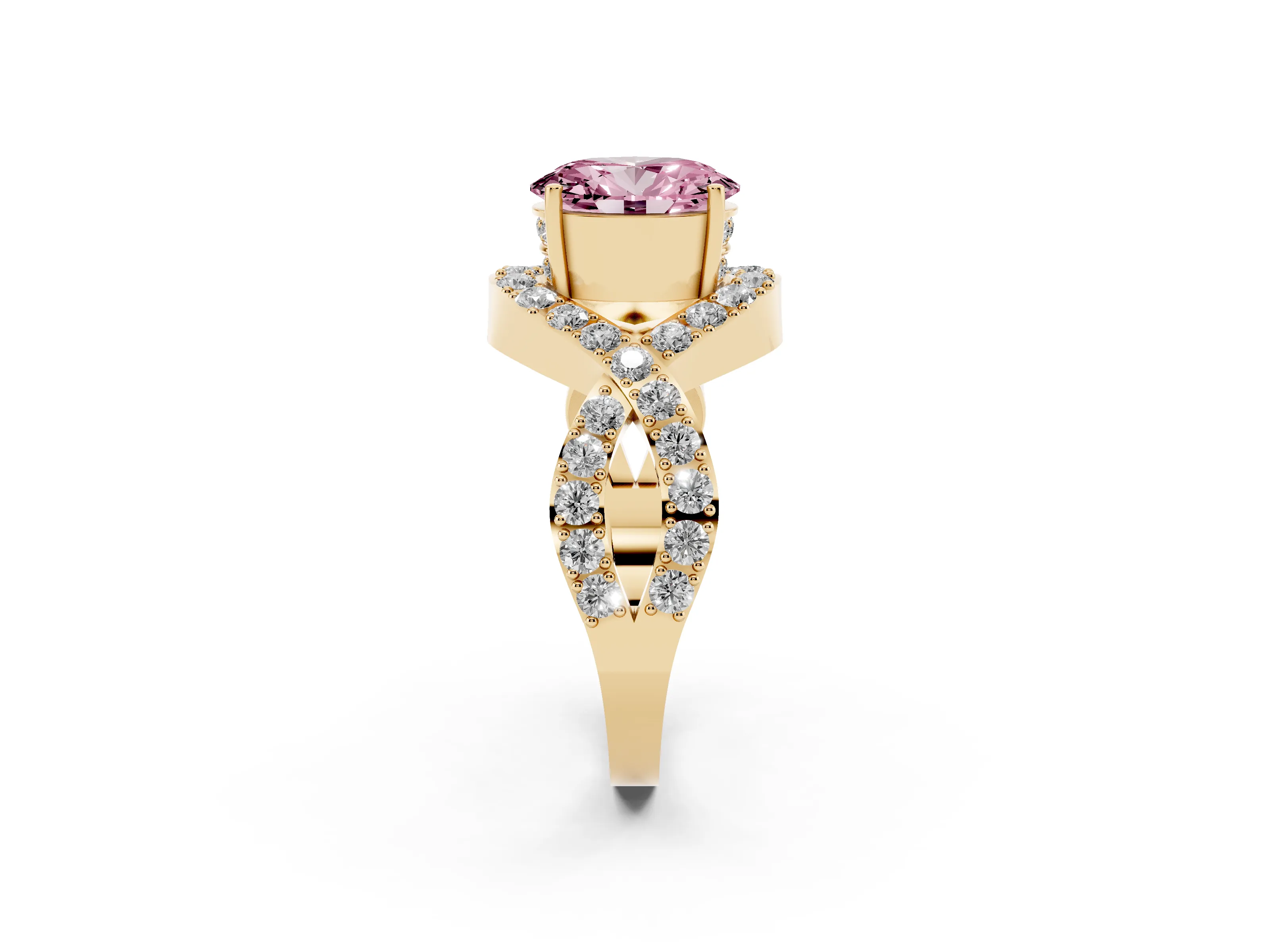 Fancy Pink Oval Cut Diamond Solitaire Twist Band Pavé Engagement Ring Set in Yellow gold