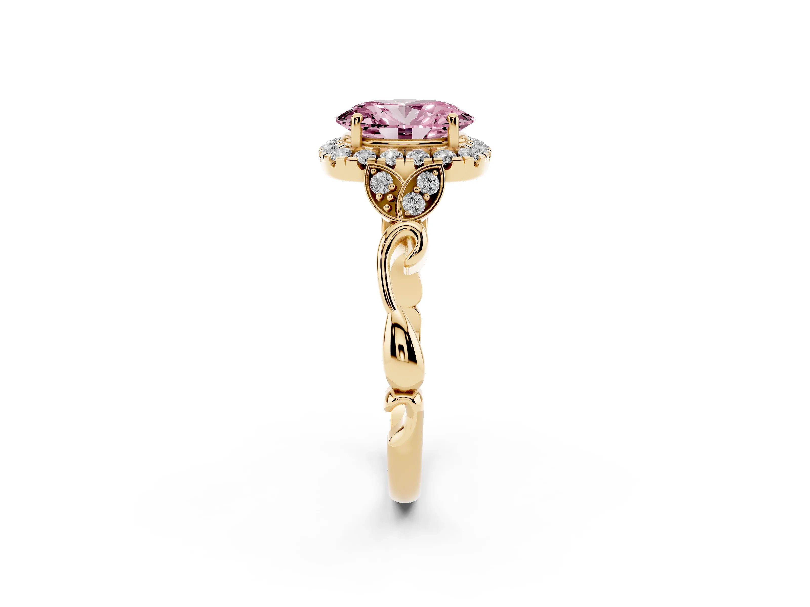Fancy Pink Oval Cut Diamond Halo Engagement Ring Set in Yellow gold with Vintage-Inspired Band and Prong Setting