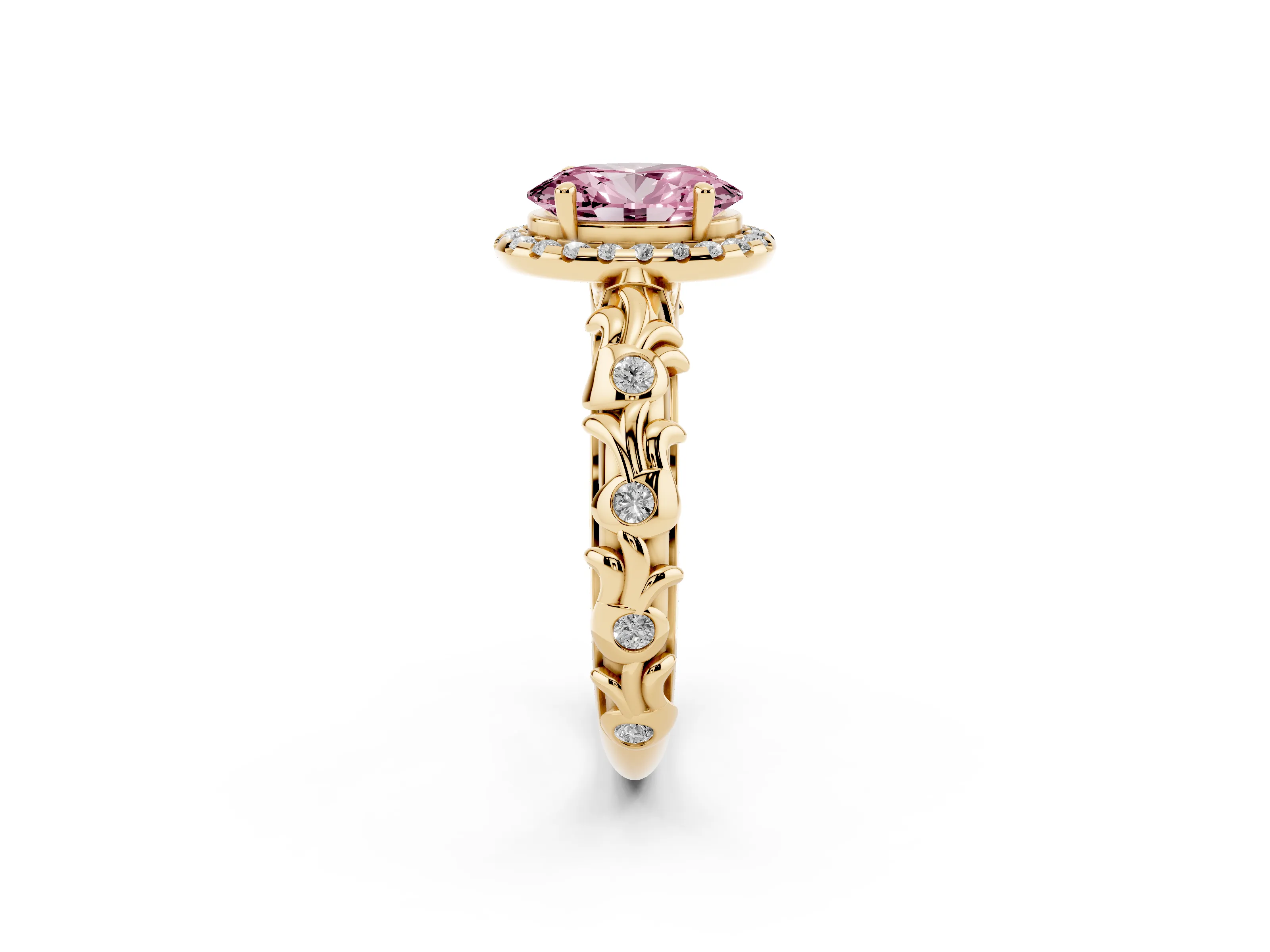 Fancy Pink Oval Cut Diamond Halo Ring Set in Yellow gold with Filigree Leaf Band and Prong Setting