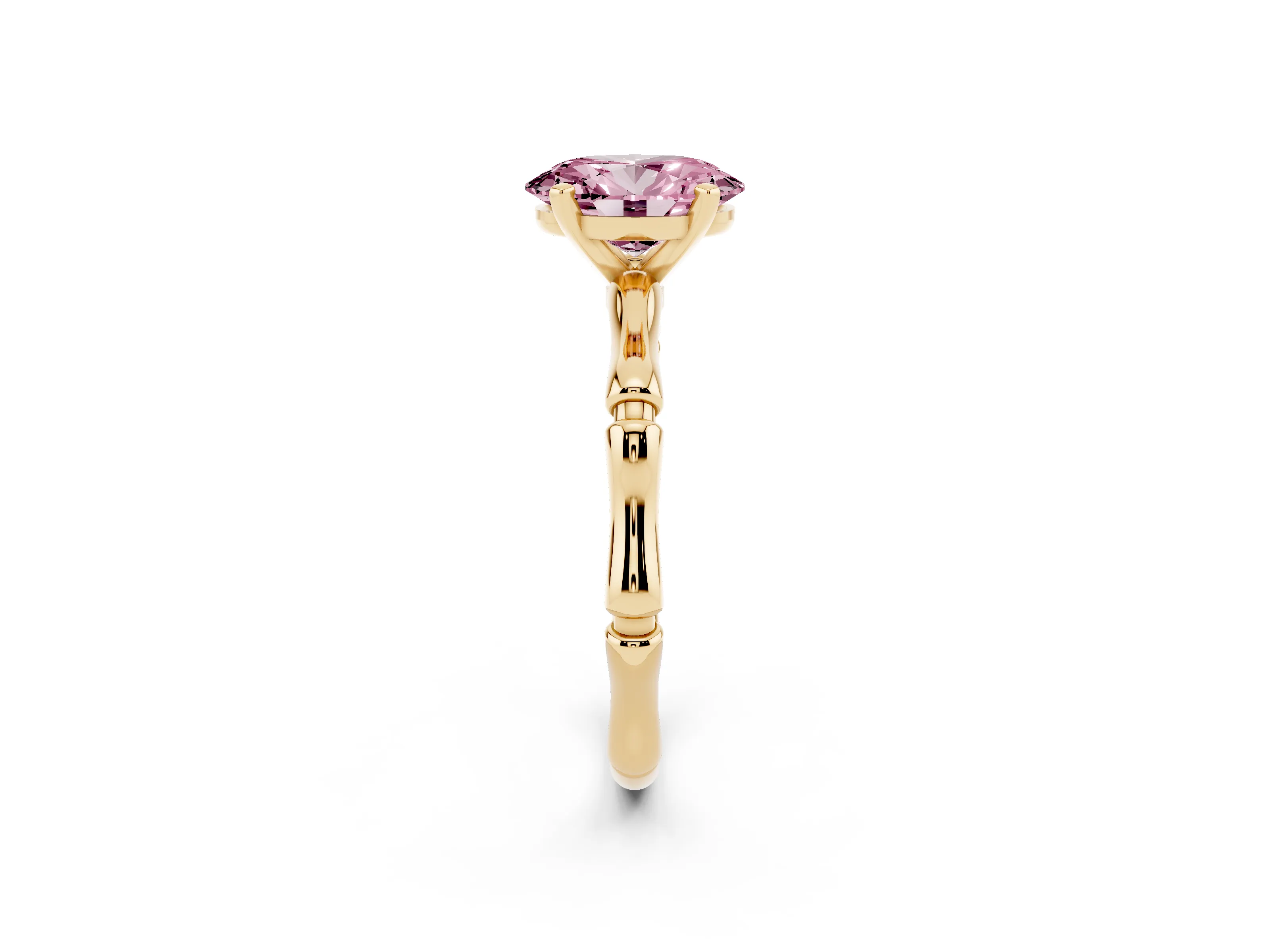 Fancy Pink Oval Cut Diamond Solitaire Ring Set in Yellow gold with Bamboo Band and Prong Setting