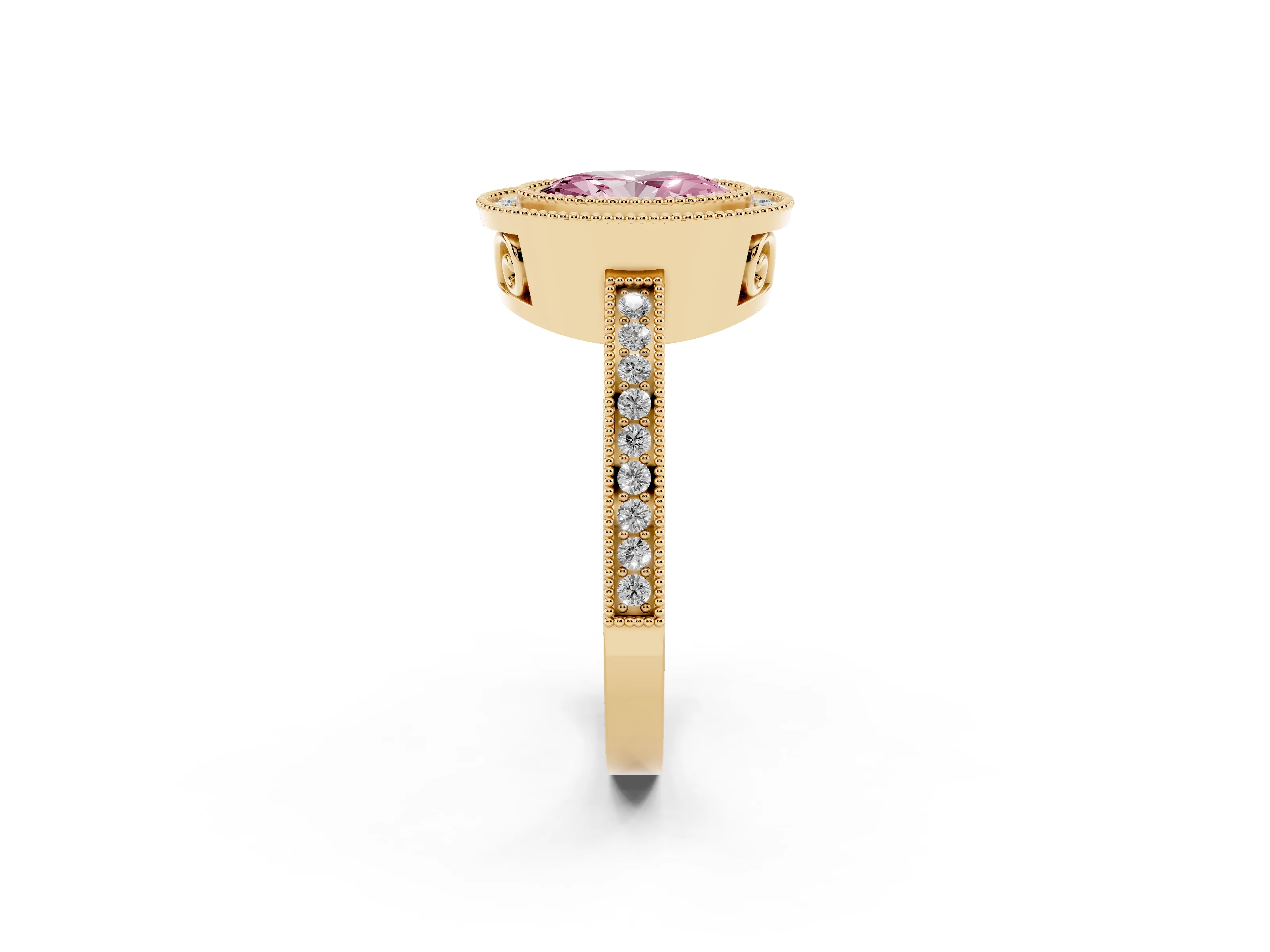 Fancy Pink Oval Cut Diamond Halo Ring Set in Yellow gold with Pavé Band and Milgrain-Edged Prongs