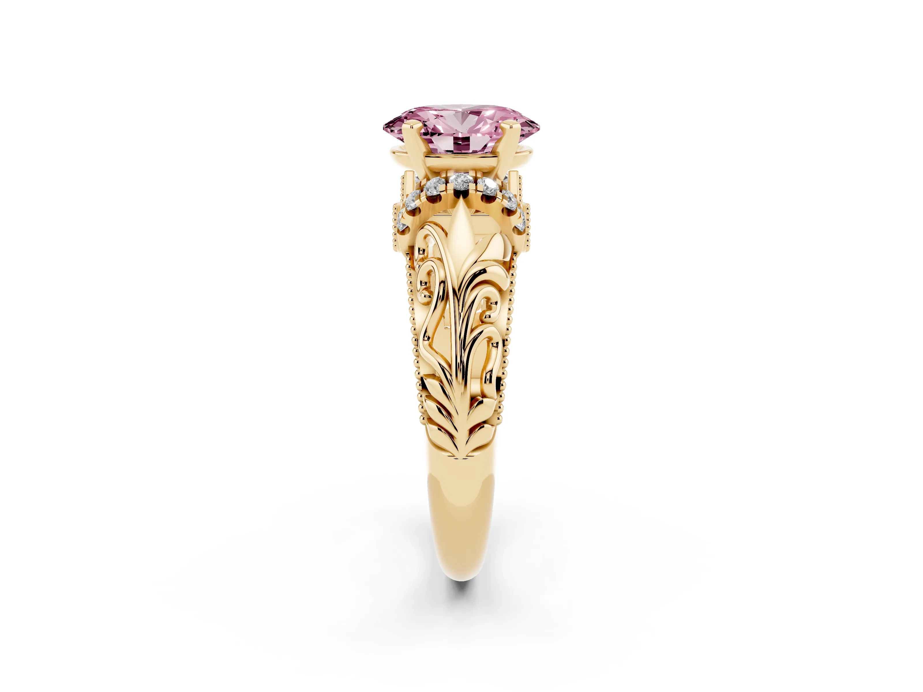 Fancy Pink Oval Cut Diamond Filigree Halo Engagement Ring Set in Yellow gold with Prong Setting