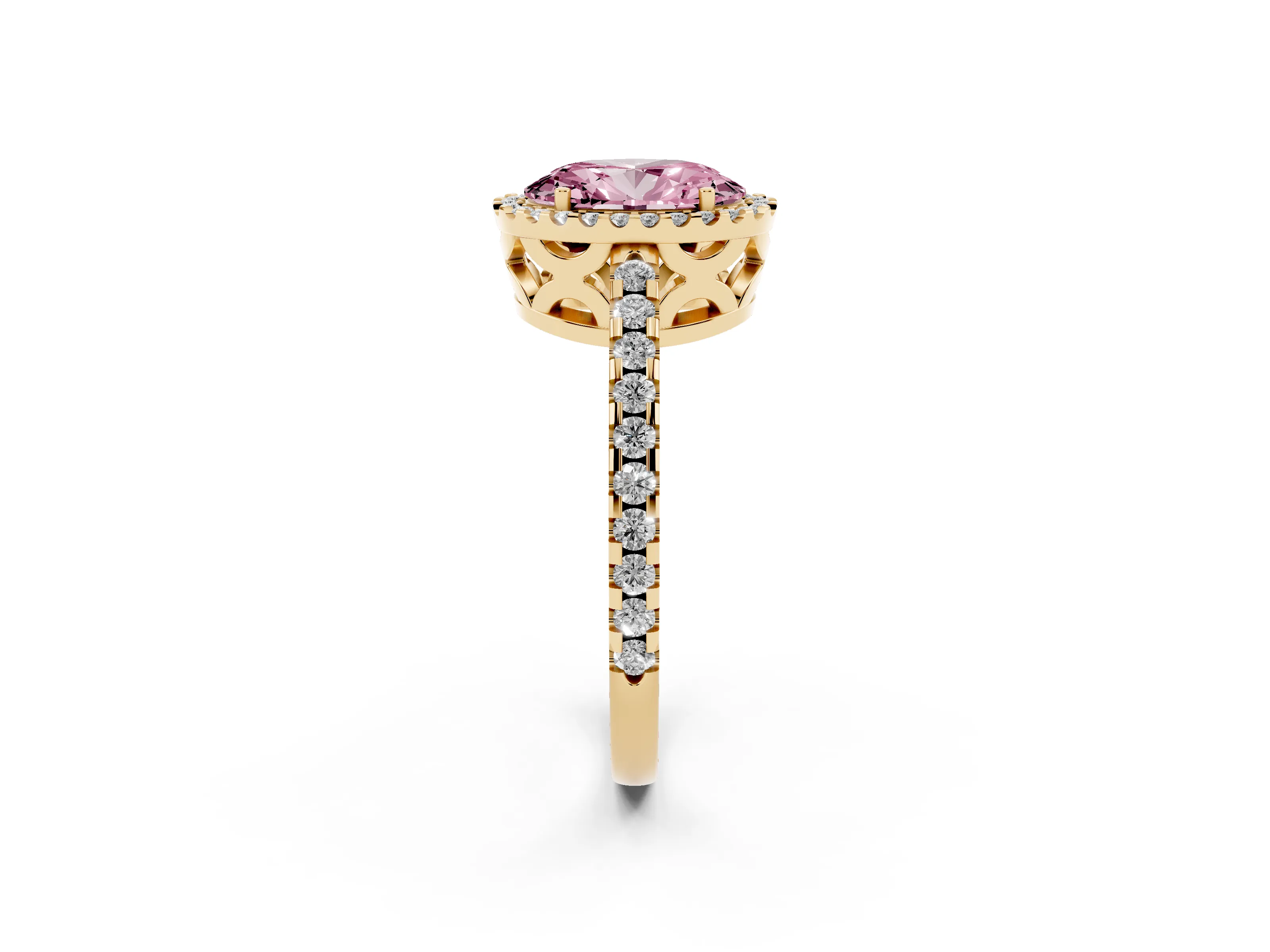 Fancy Pink Oval Cut Diamond Halo Ring Set in Yellow gold with Pavé Shoulders and Halo-Framed Center