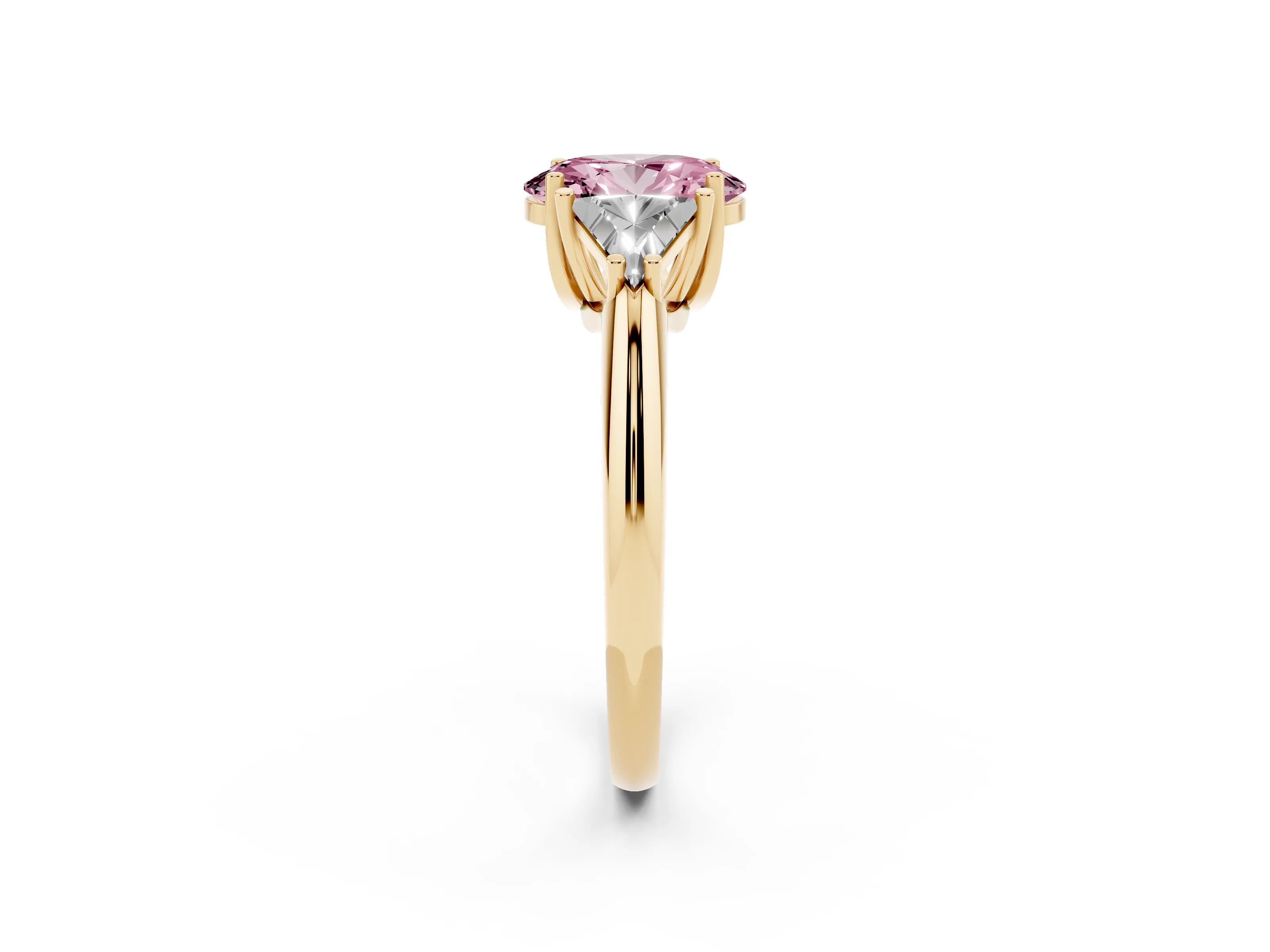 Fancy Pink Oval Cut Diamond Three-Stone Engagement Ring Set in Yellow gold with Trillion Side Stones