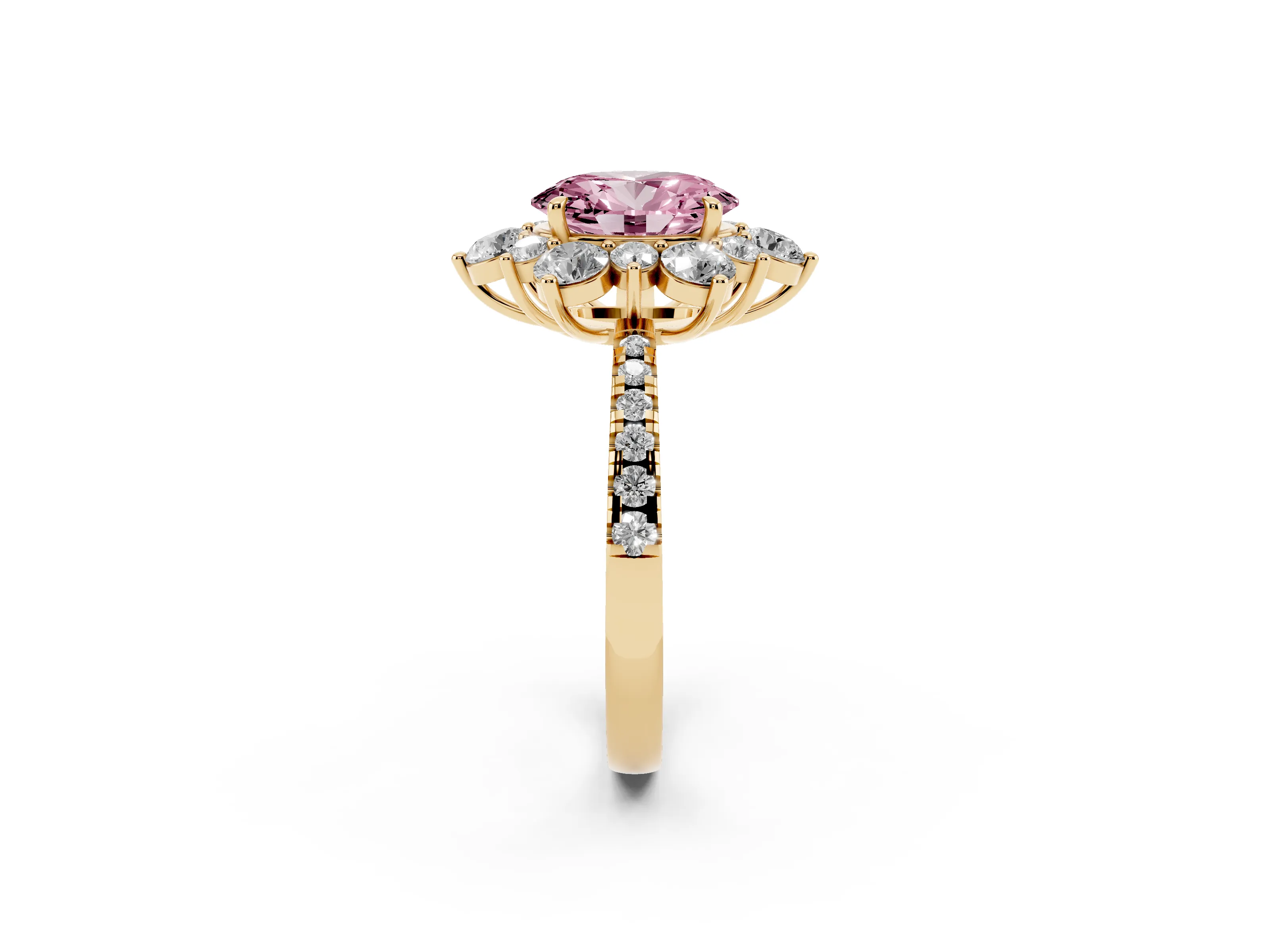 Fancy Pink Oval Cut Diamond Floral Halo Ring Set in Yellow gold with Round Pavé Band and Prong Setting