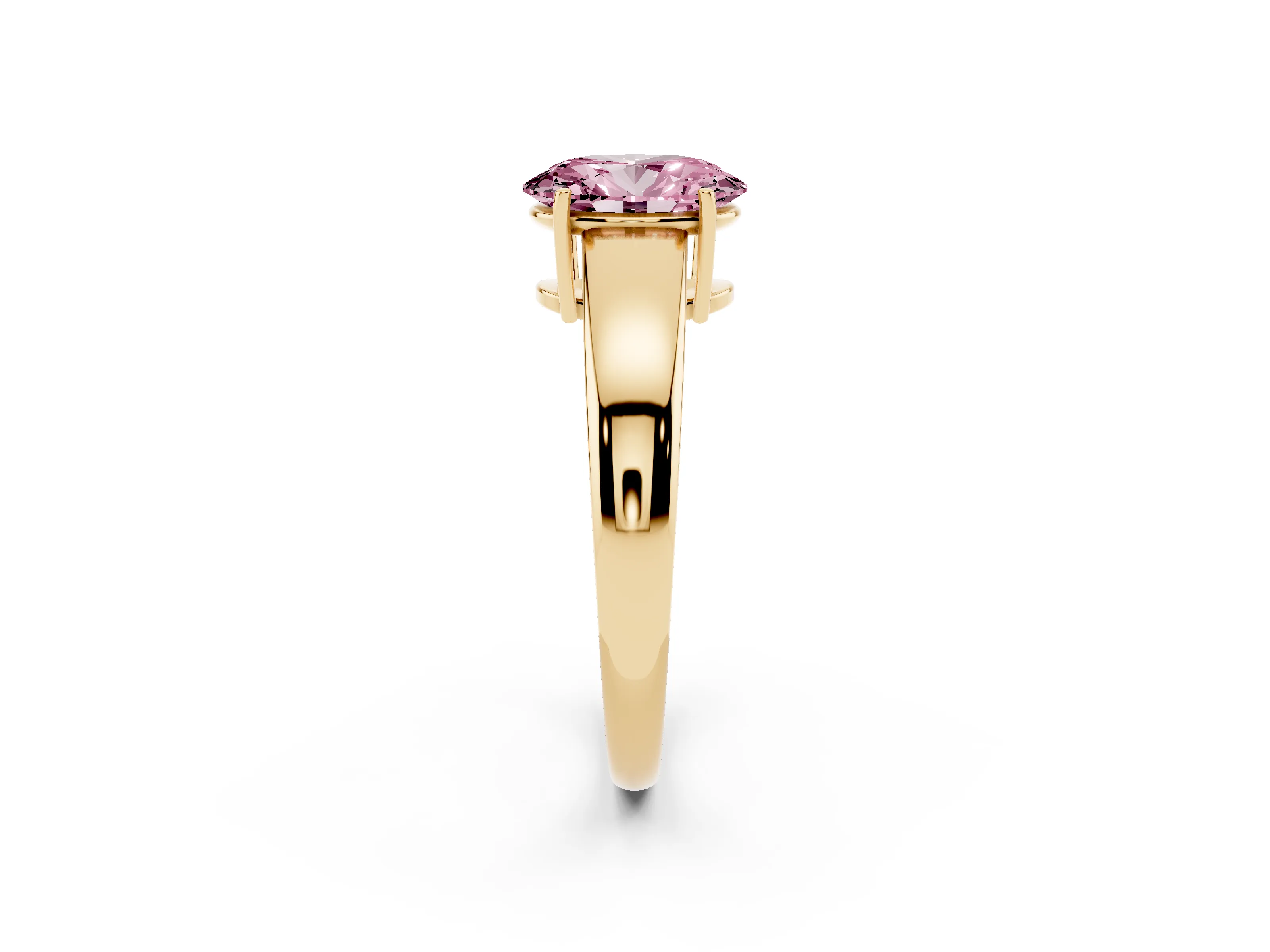 Fancy Pink Oval Cut Diamond Solitaire Ring Set in Yellow gold with Tapered Band and Prong Setting