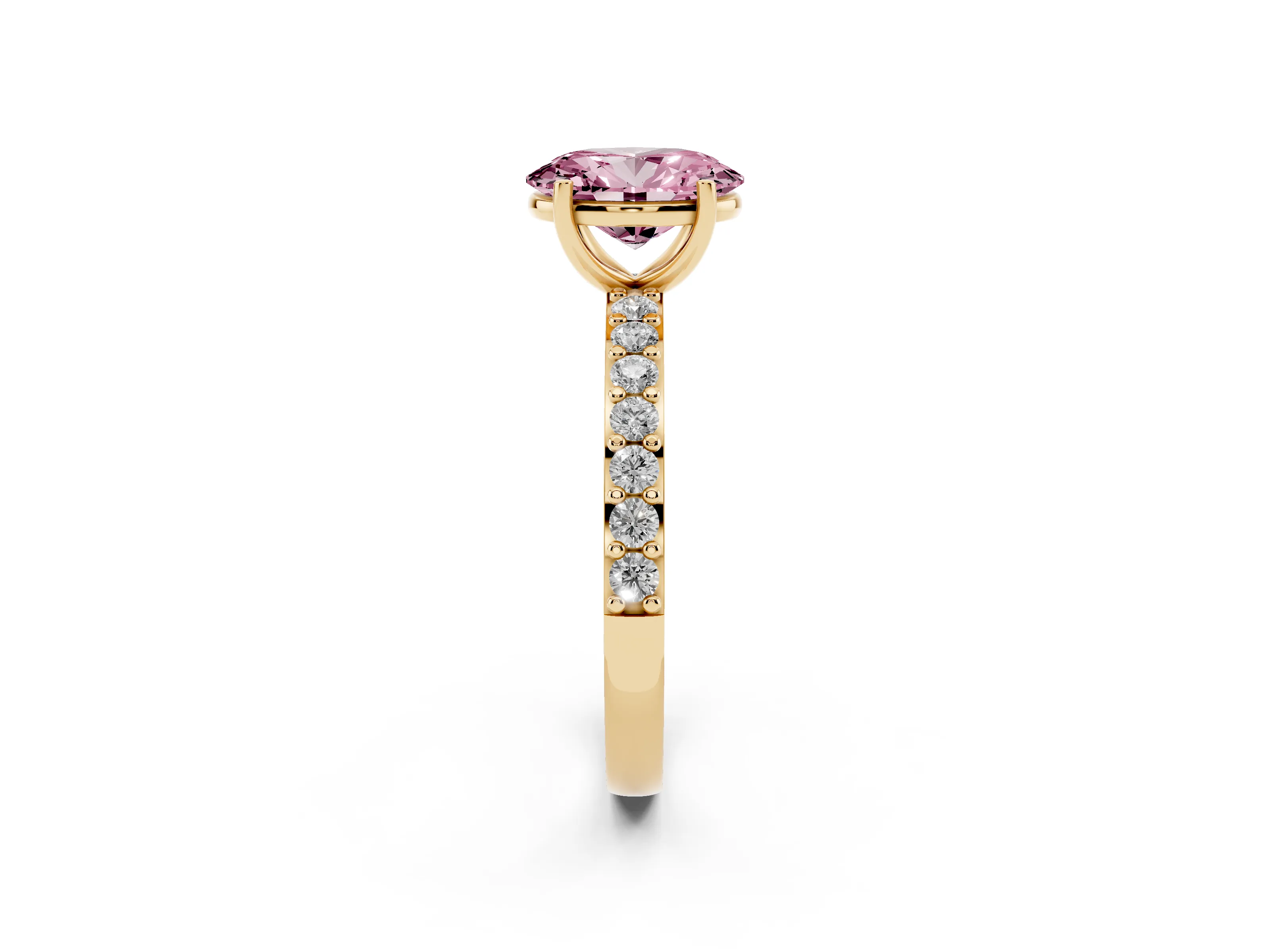 Fancy Pink Oval Cut Diamond Solitaire Set in Yellow gold with Round Pavé Band and Prong Setting