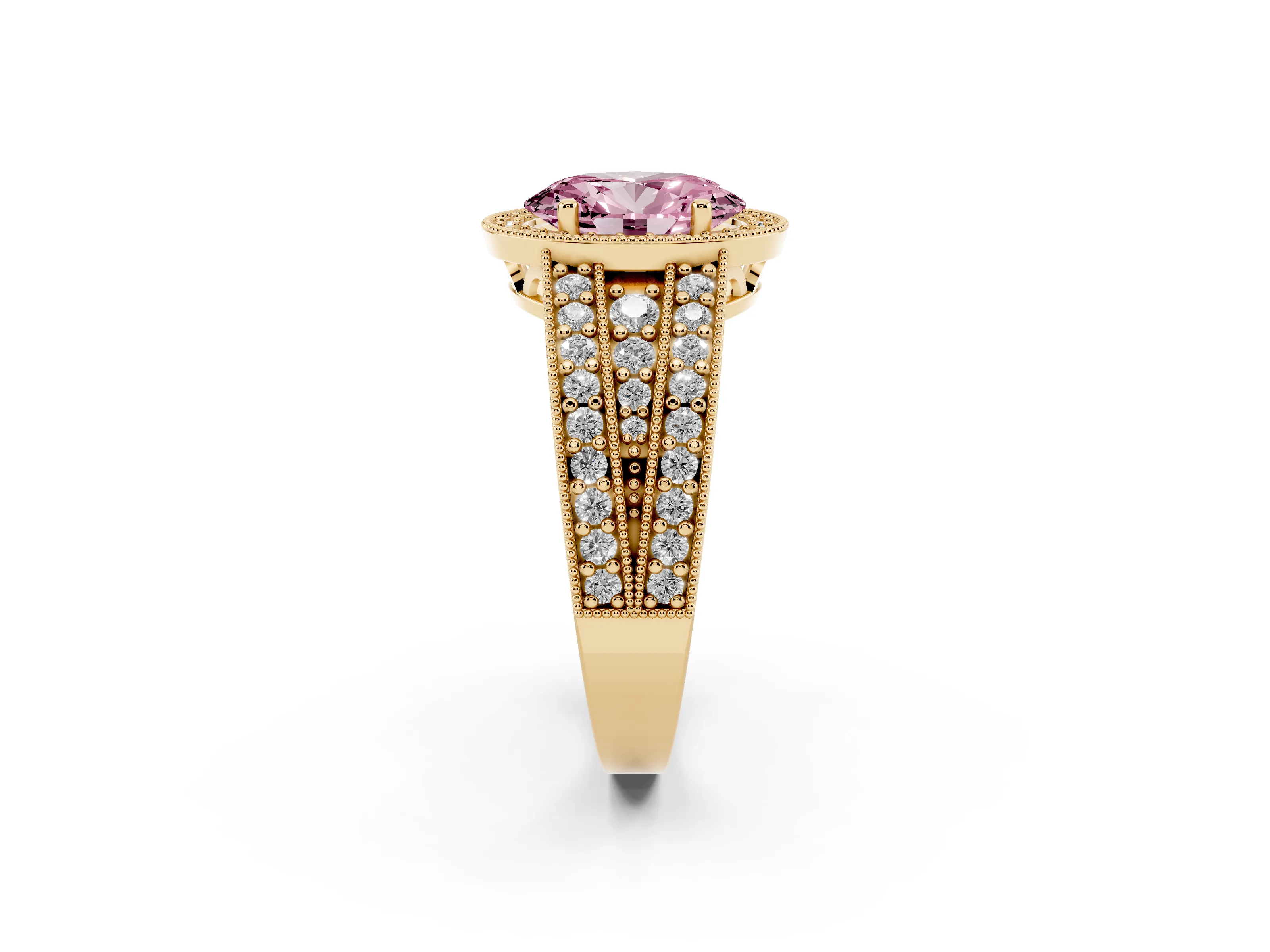 Fancy Pink Oval Cut Diamond Halo Ring Set in Yellow gold with Accent Split Shank and Prong Setting