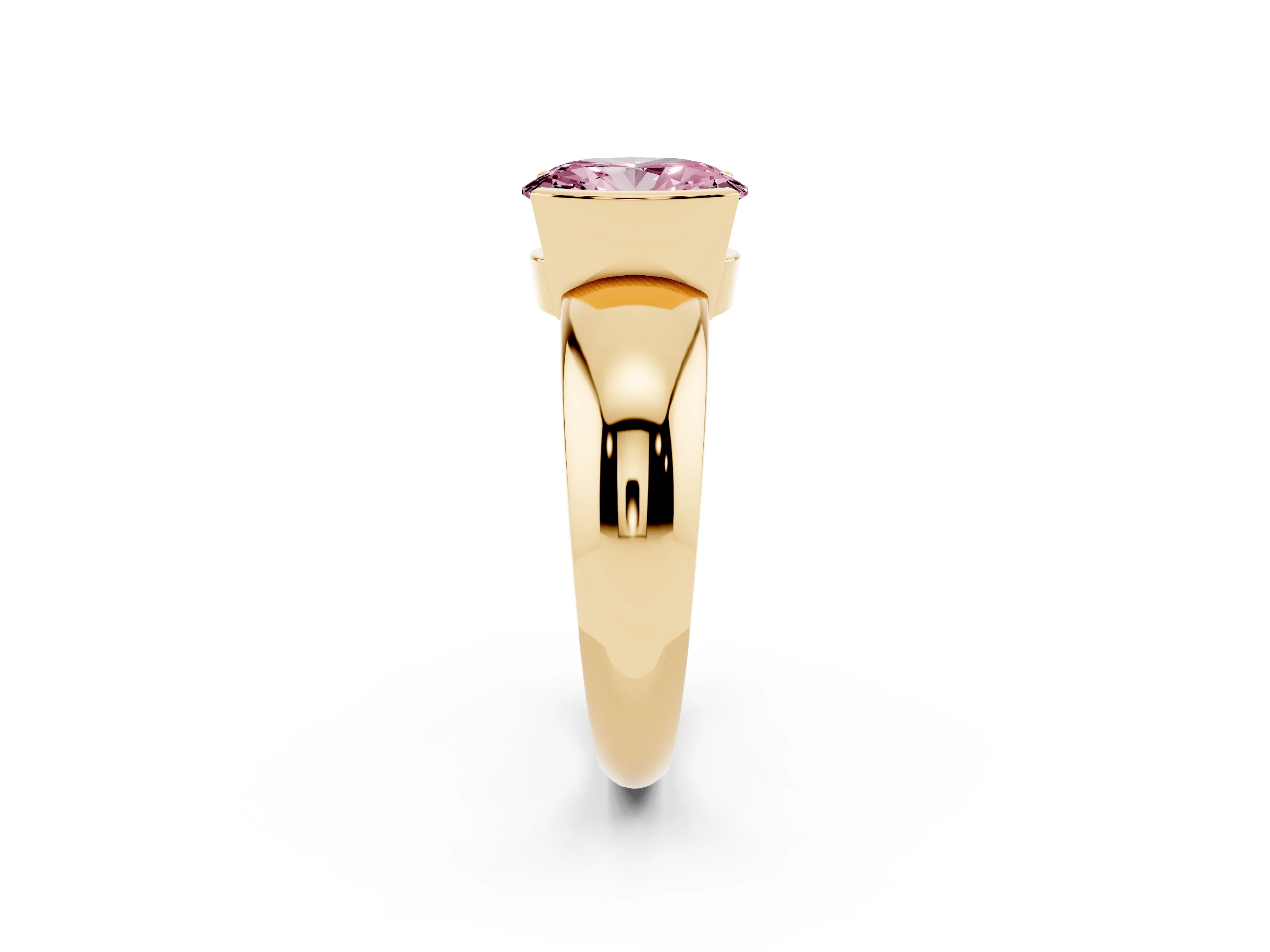 Fancy Pink Oval Cut Diamond Solitaire Tension Set Ring Set in Yellow gold with Wide Band