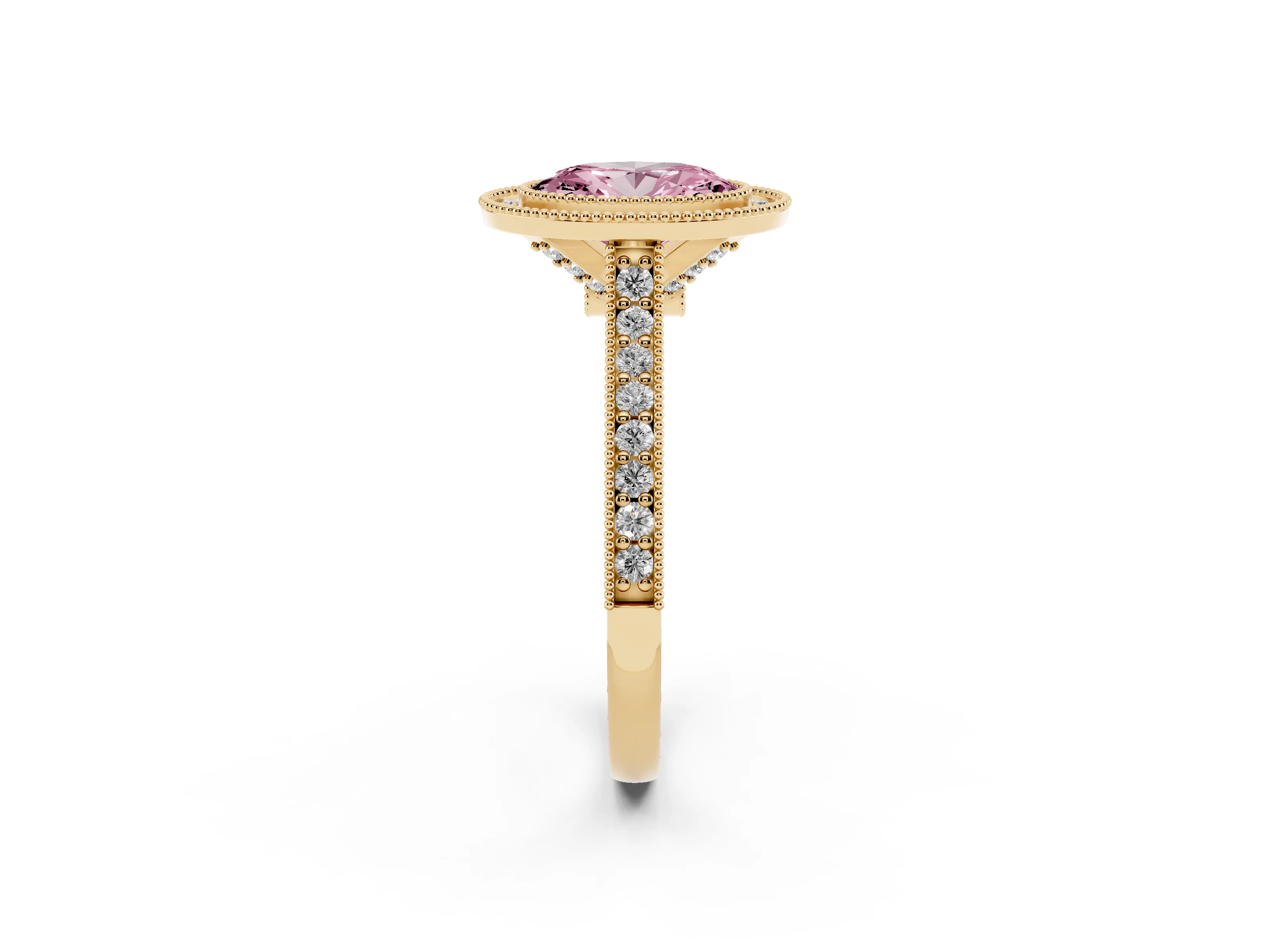 Fancy Pink Oval Cut Diamond Halo Milgrain Pavé Band Ring Set in Yellow gold with Prong Setting