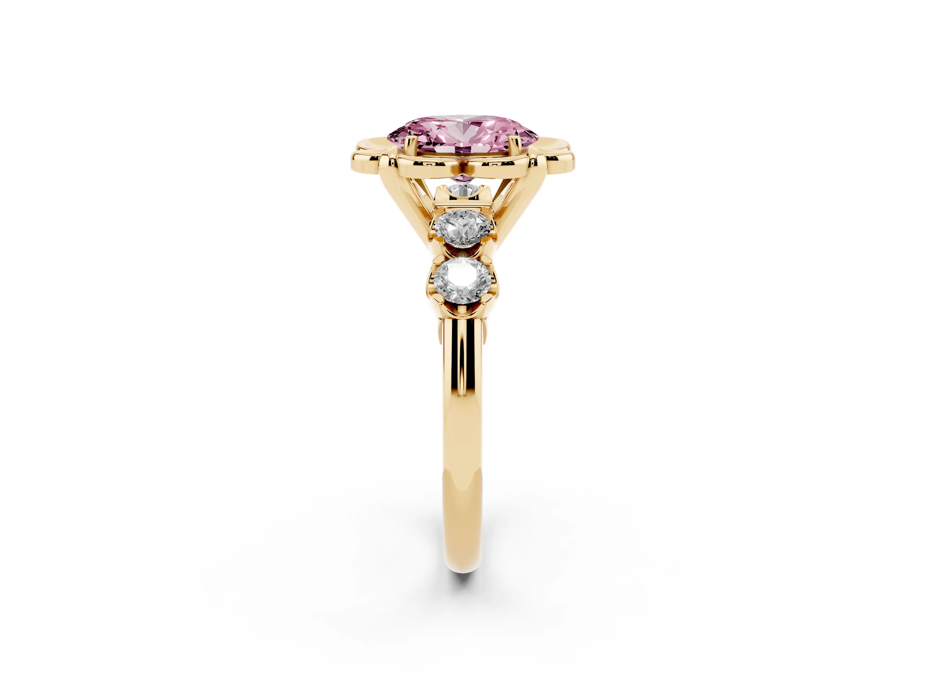 Fancy Pink Oval Cut Diamond Floral Halo Ring Set in Yellow gold with Shared Prong Band