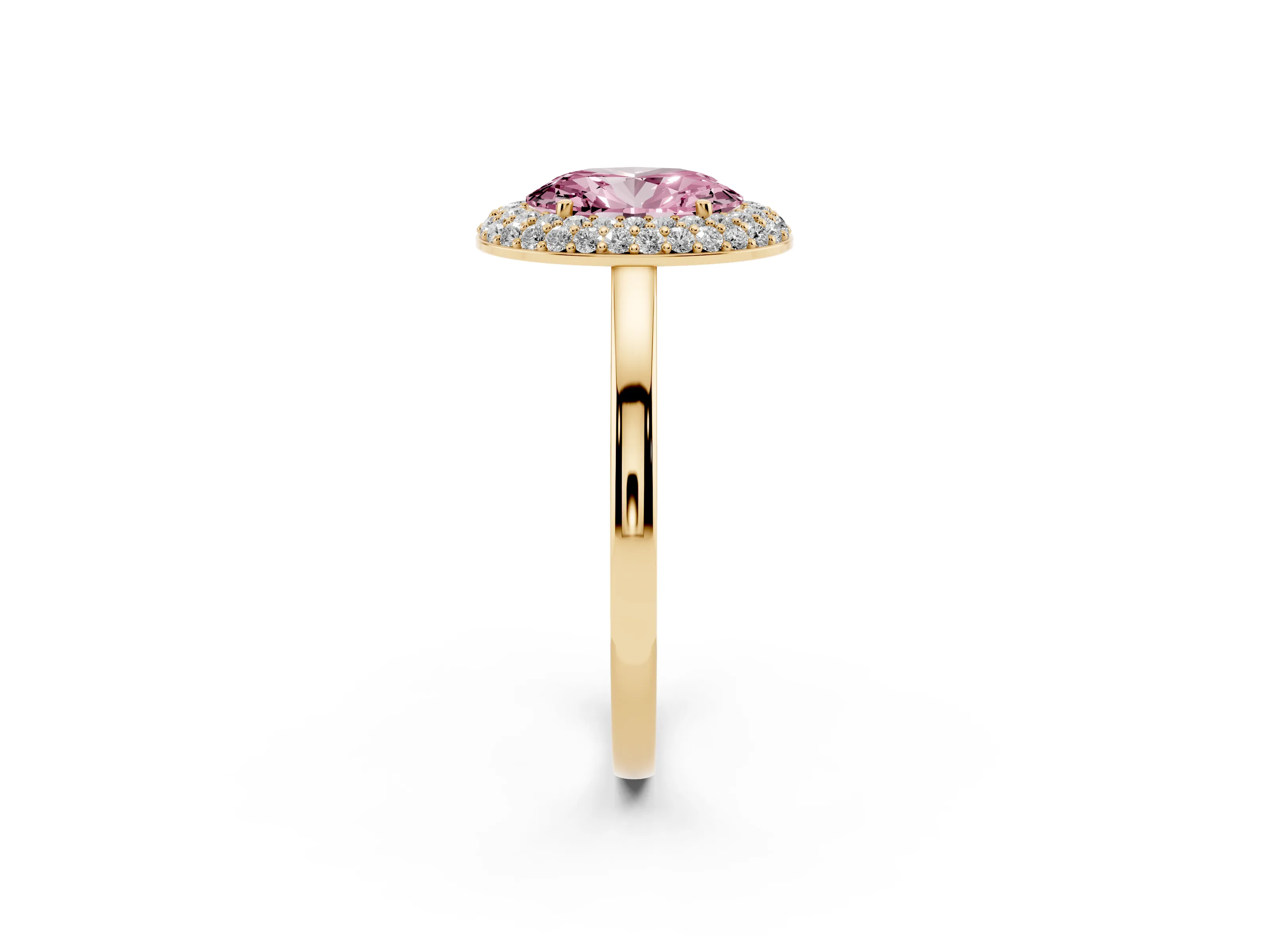 Fancy Pink Oval Cut Diamond Halo Engagement Ring Set in Yellow gold with Solitaire Band and Prong Setting