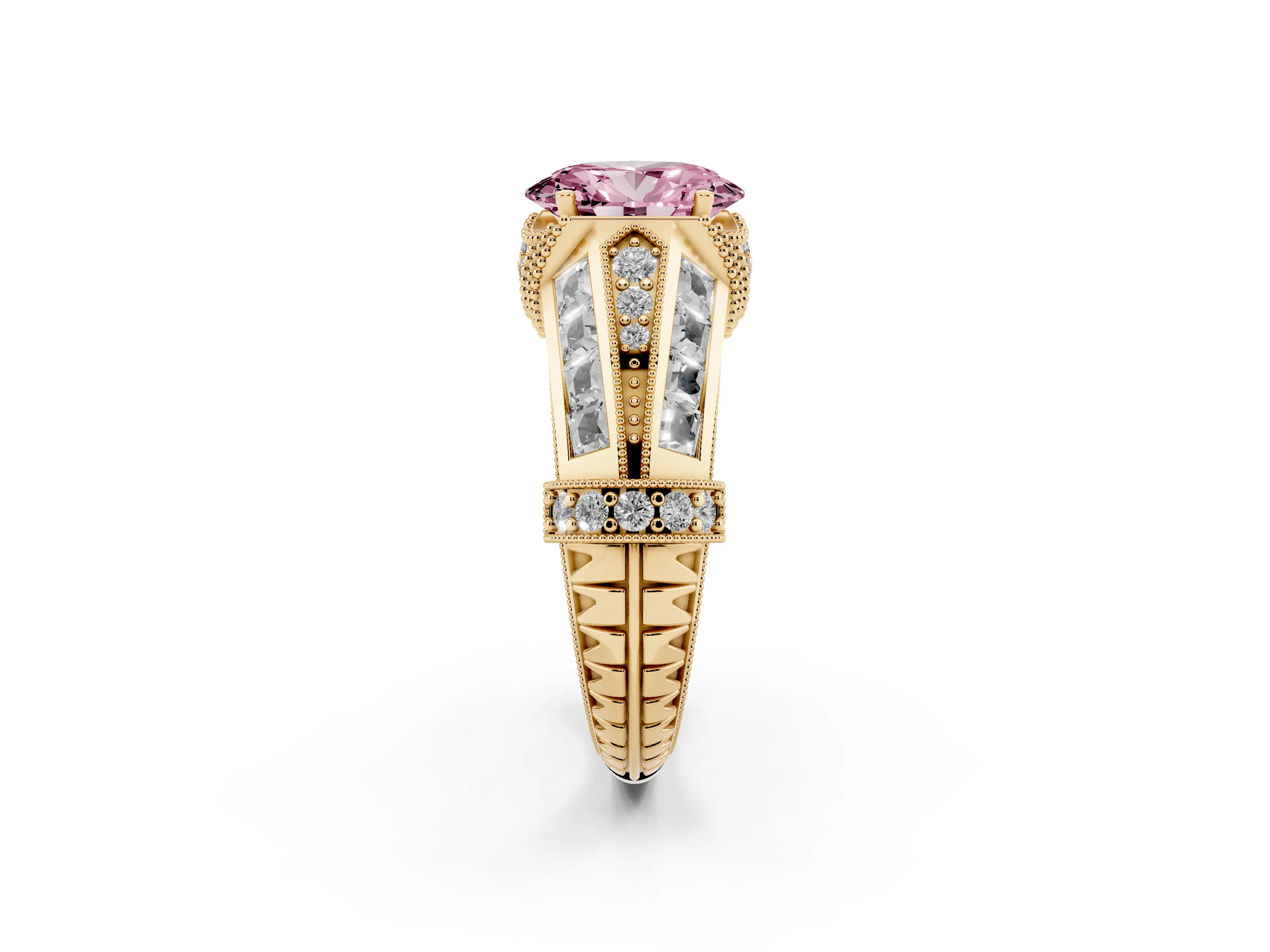 Fancy Pink Oval Cut Diamond Vintage-Inspired Milgrain Ring Set in Yellow gold with Accent Split Shank