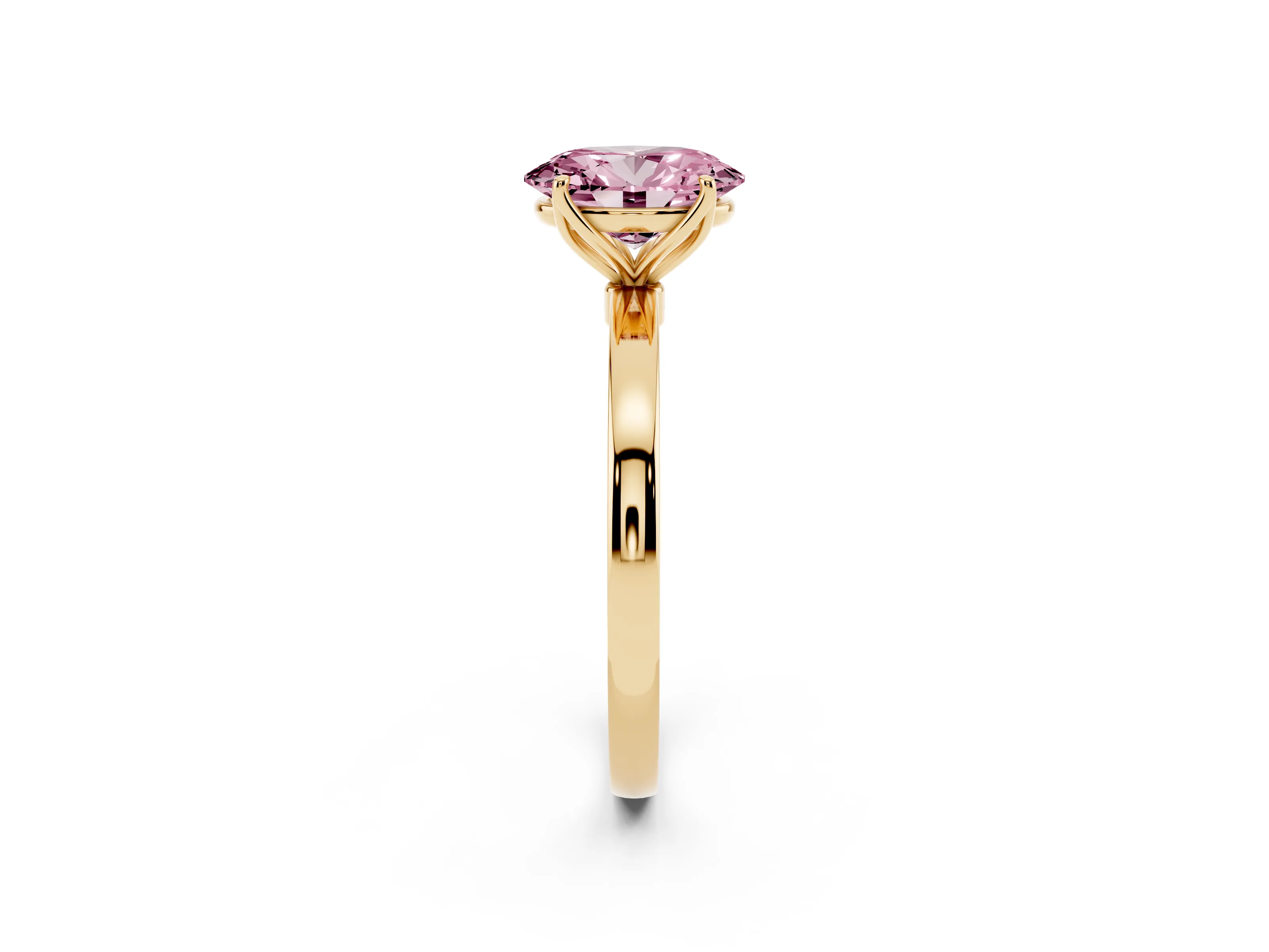 Fancy Pink Oval Cut Diamond Solitaire Ring Set in Yellow gold with Prong Setting and Thin Polished Band