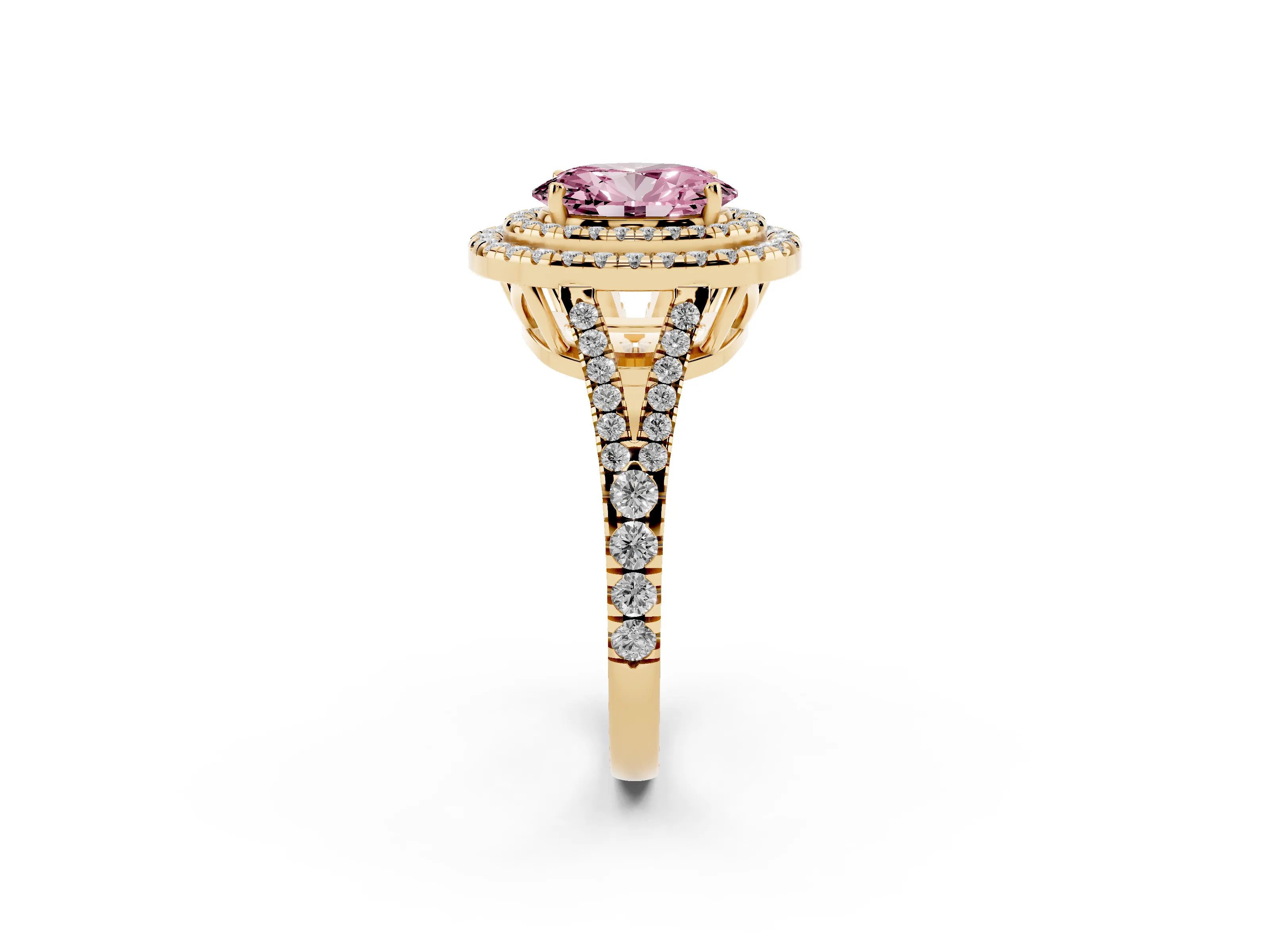 Fancy Pink Oval Cut Diamond Double Halo Ring Set in Yellow gold with Pavé Band