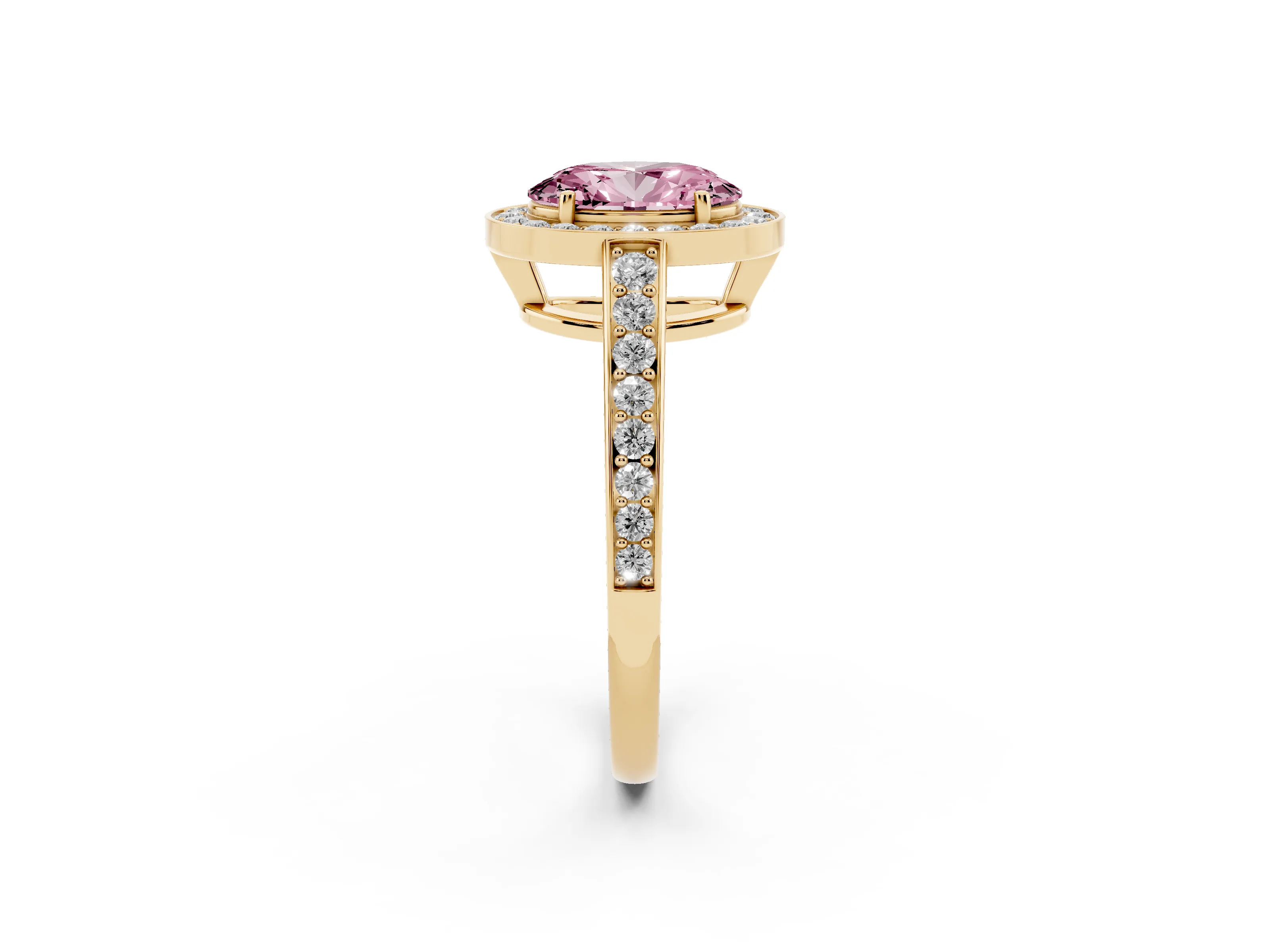 Fancy Pink Oval Cut Diamond Halo Pavé Engagement Ring Set in Yellow gold with Bezel Setting