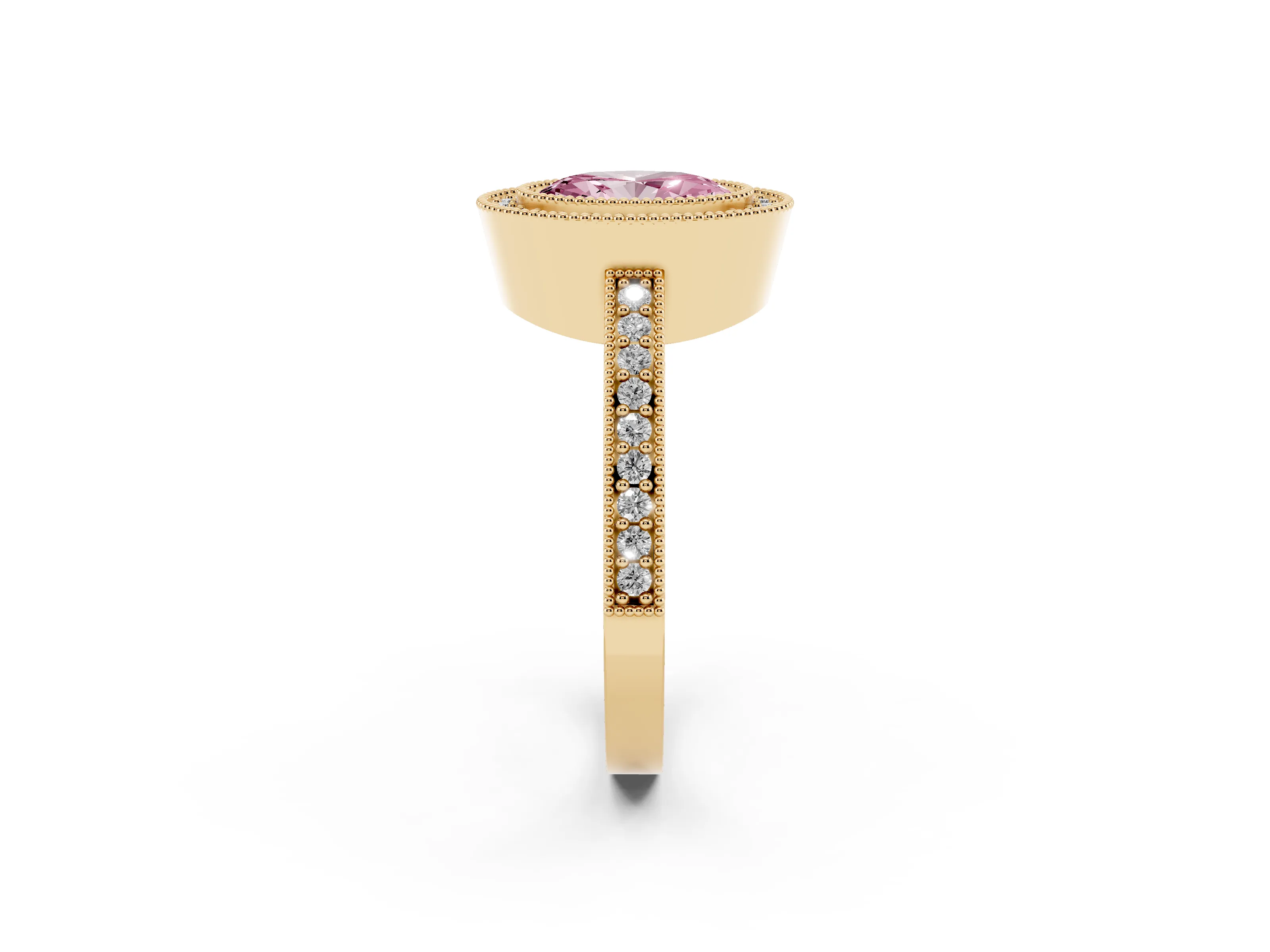 Fancy Pink Oval Cut Diamond Halo Engagement Ring Set in Yellow gold with Pavé Band and Round Halo Stones