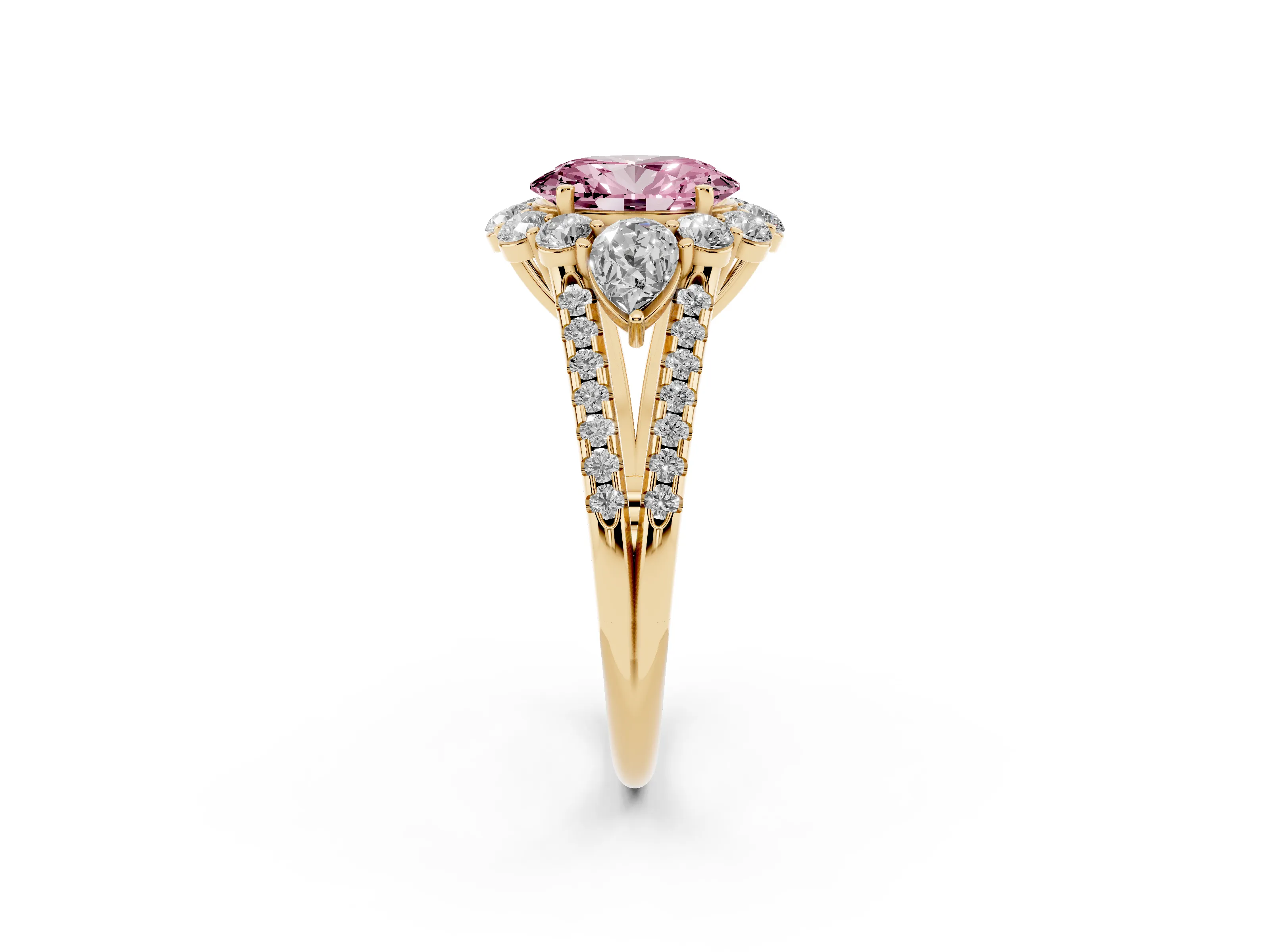 Fancy Pink Oval Cut Diamond Halo Split Shank Engagement Ring Set in Yellow gold with Prong-Held Center Stone