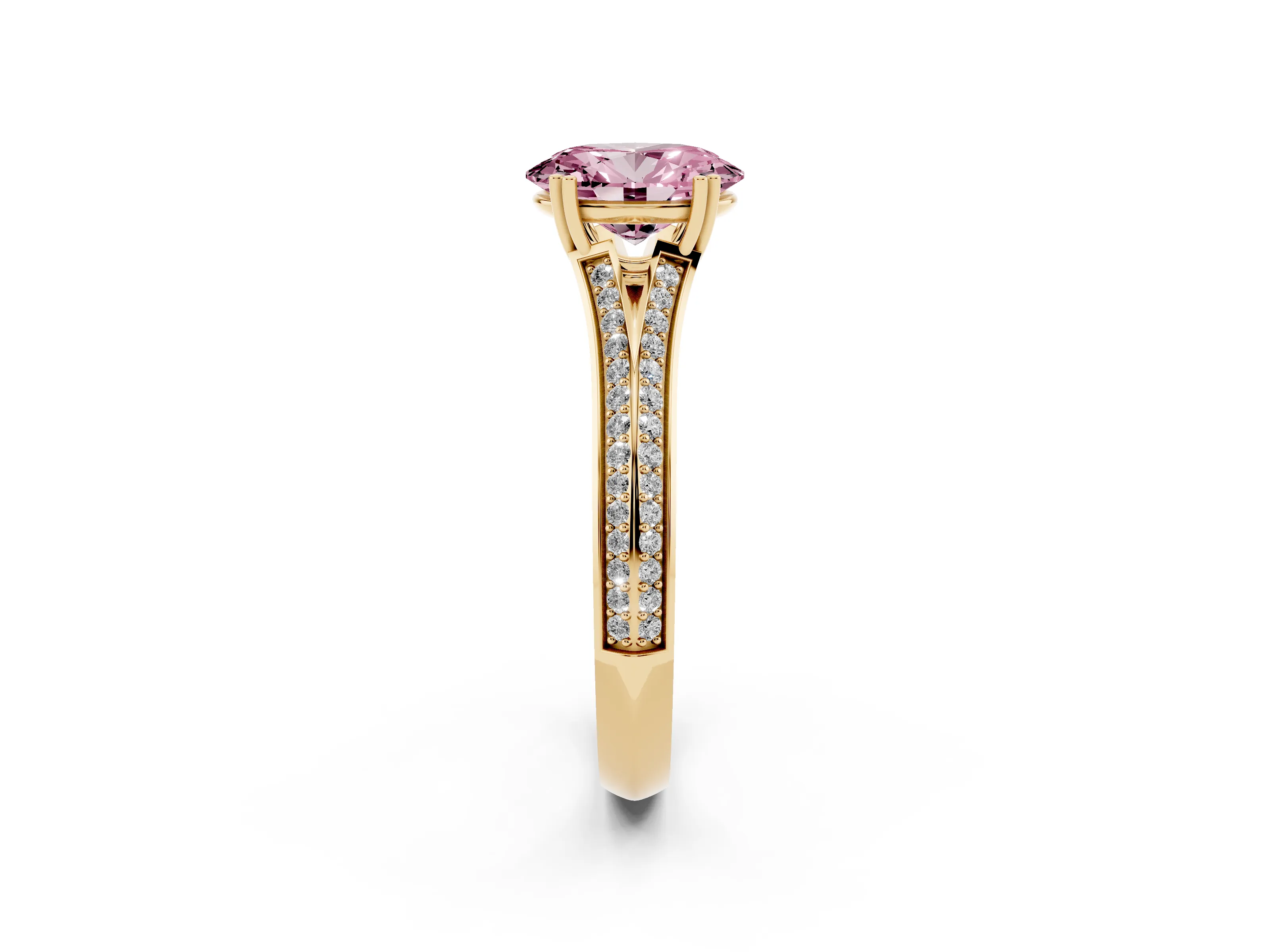 Fancy Pink Oval Cut Diamond Split Shank Pavé Engagement Ring Set in Yellow gold with Prong-Set Center Stone