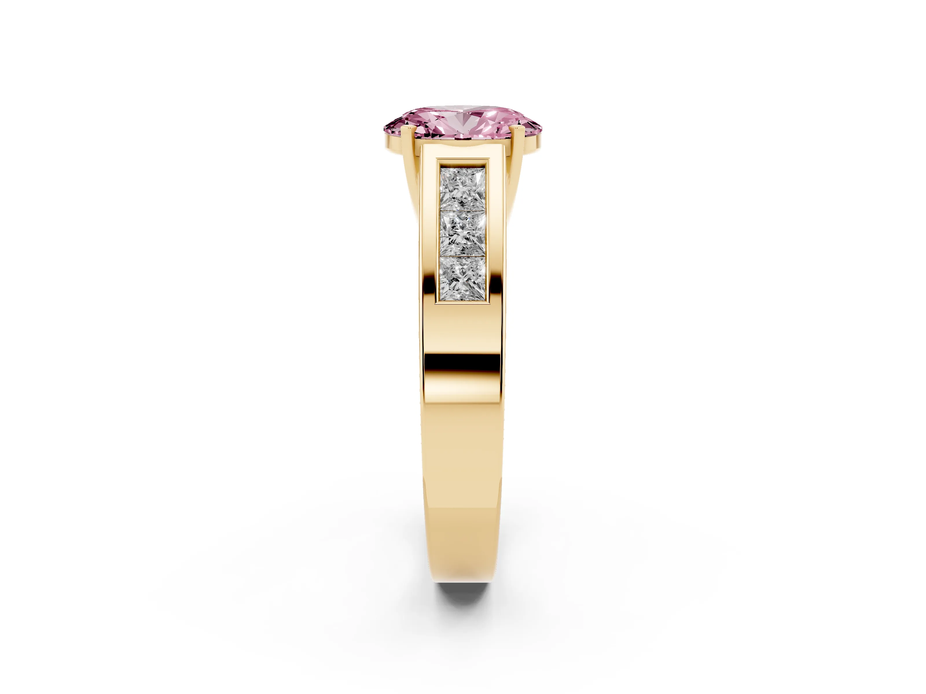 Fancy Pink Oval Cut Diamond Solitaire Ring Set in Yellow gold with Channel-Set Accent Stones and Prong Setting