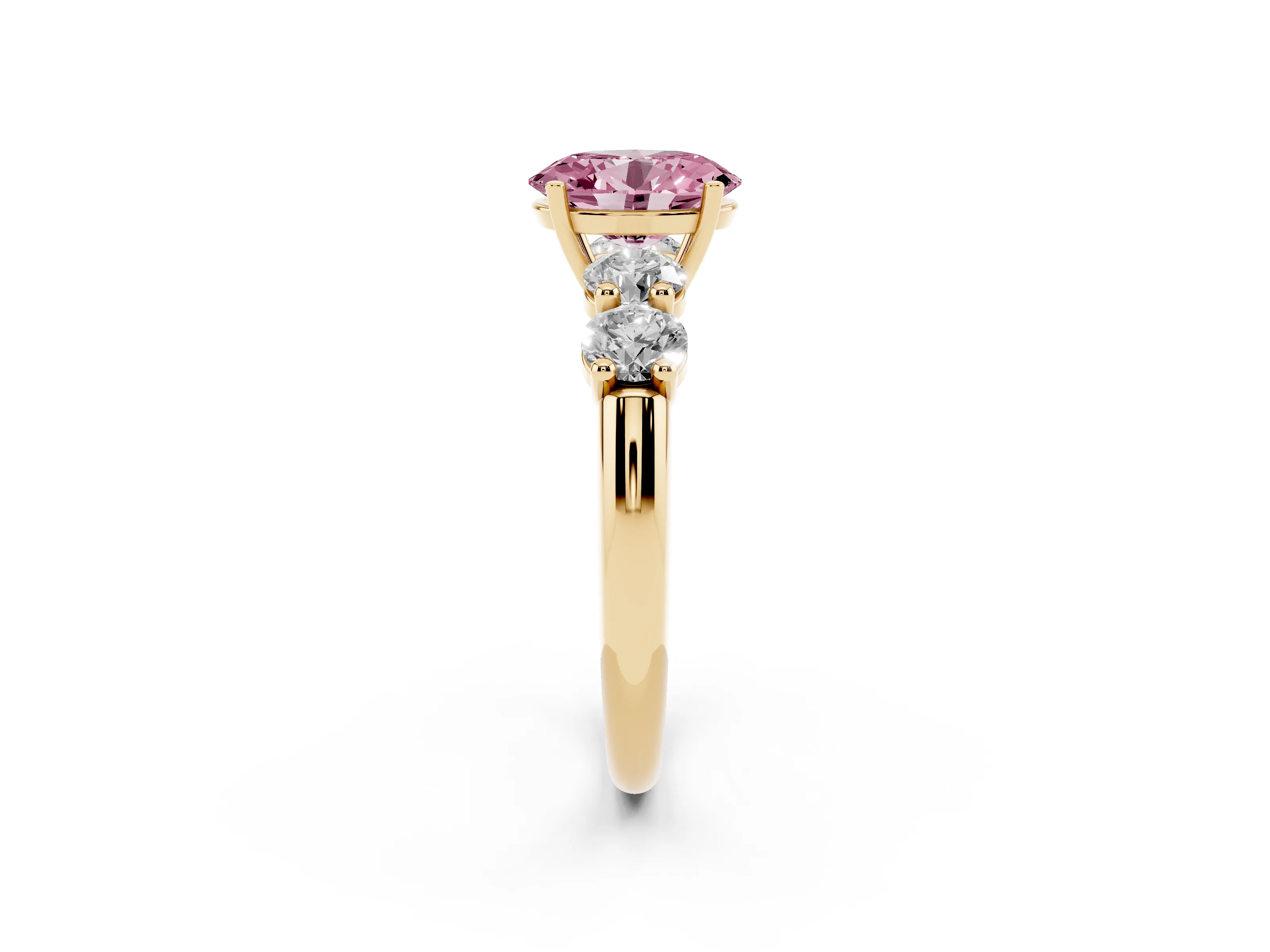 Fancy Pink Oval Cut Diamond Five-Stone Prong Set Ring Set in Yellow gold with Classic Band