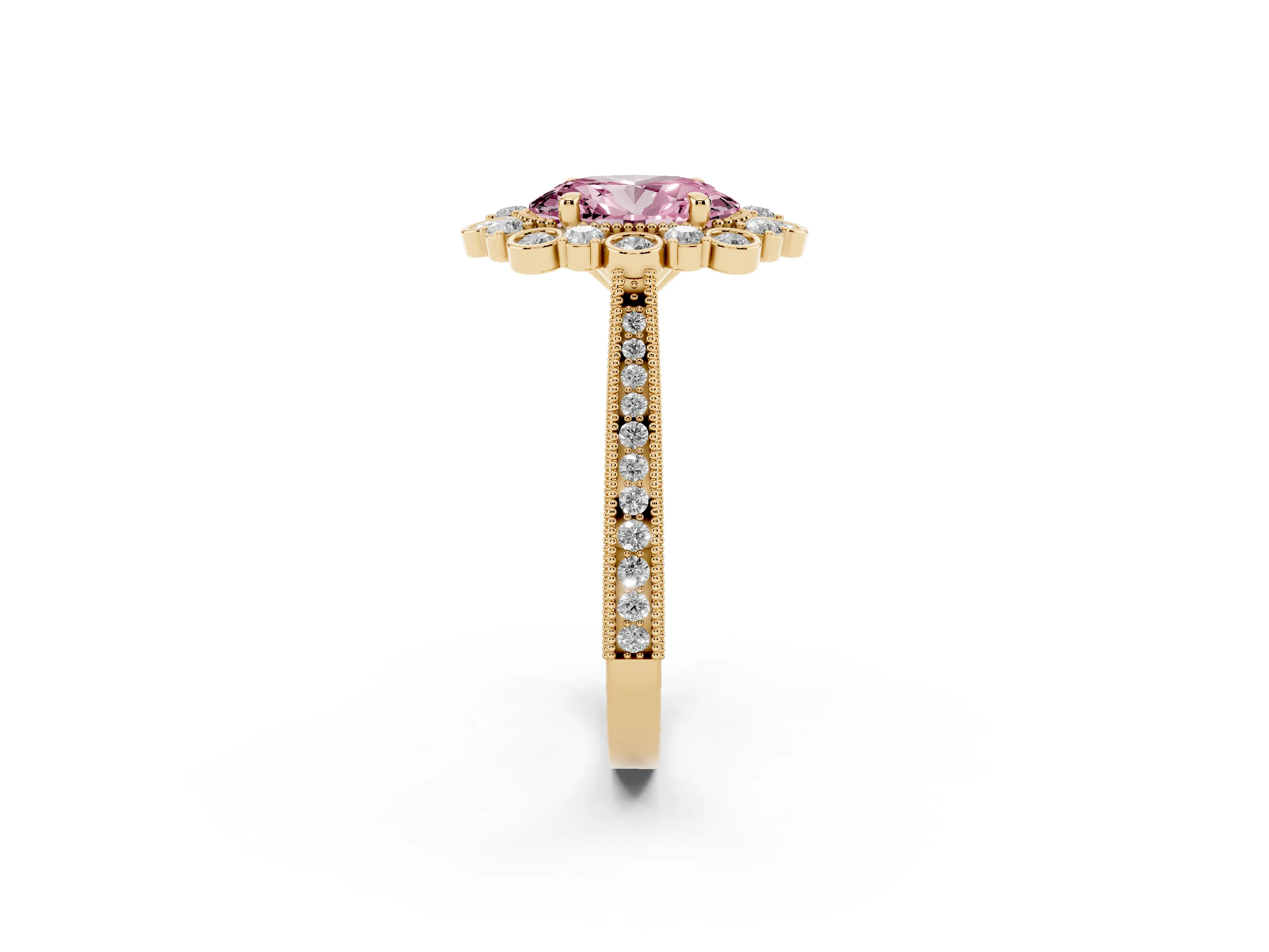 Fancy Pink Oval Cut Diamond Halo Milgrain Pavé Ring Set in Yellow gold with Prong Setting