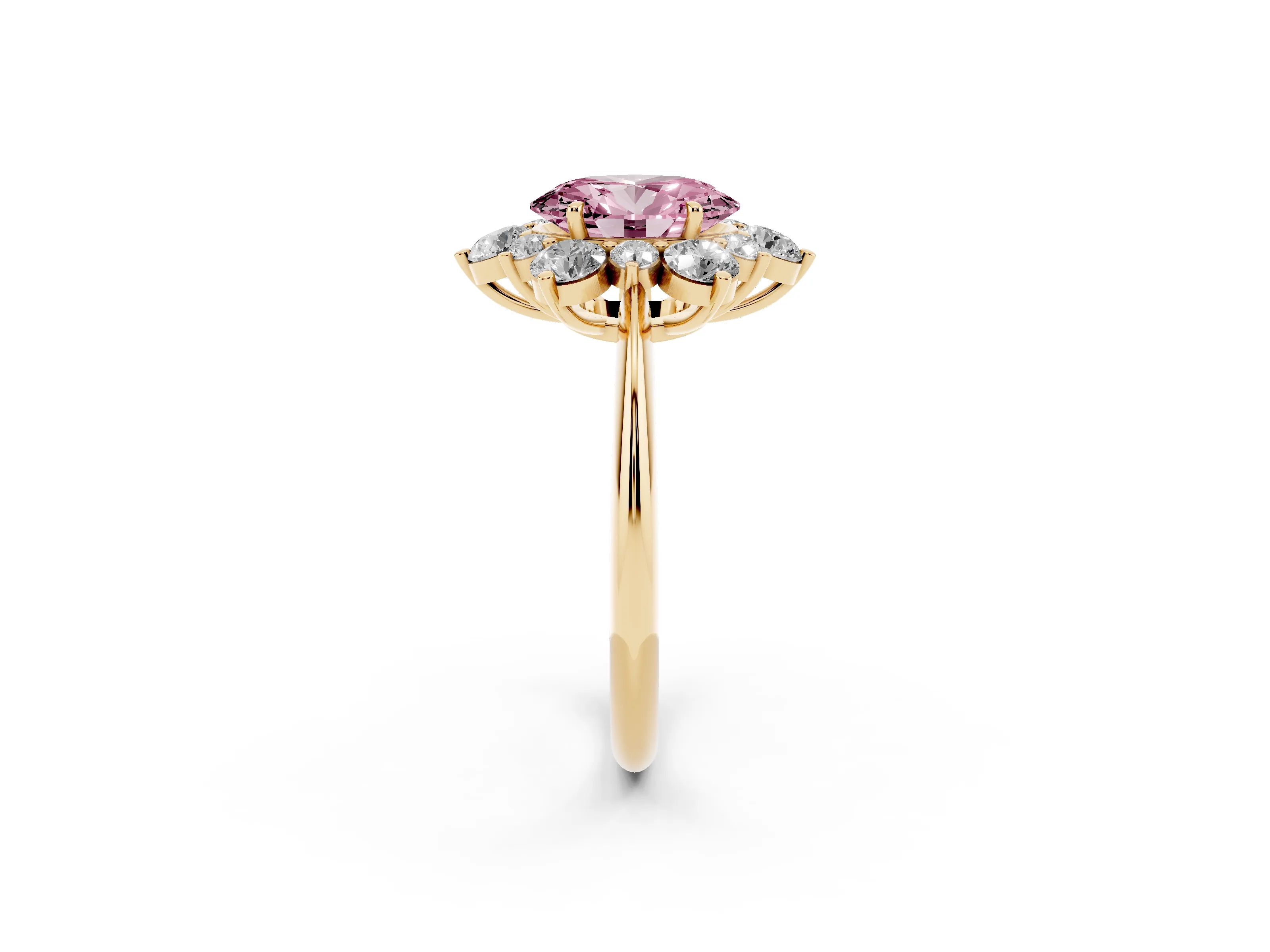 Fancy Pink Oval Cut Diamond Cluster Halo Ring Set in Yellow gold with Solitaire Band and Prong Setting