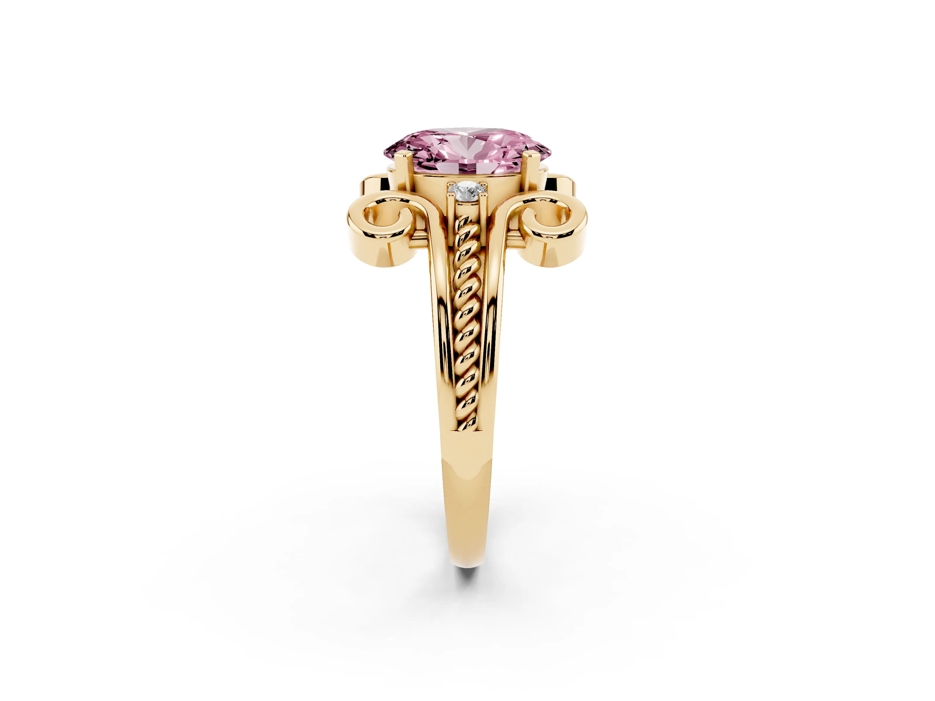 Fancy Pink Oval Cut Diamond Twisted Band Solitaire Ring Set in Yellow gold with Scroll Prongs